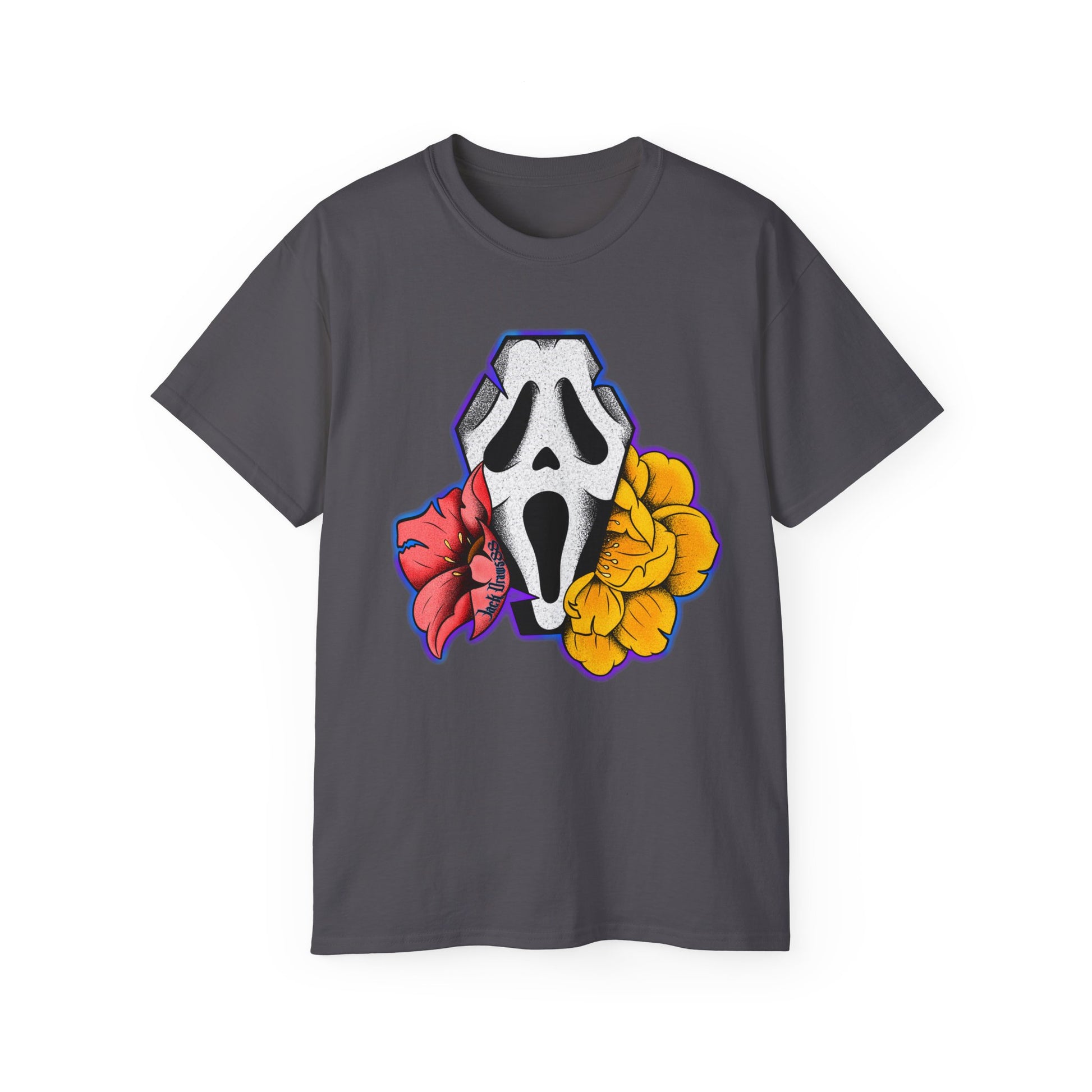 Ghostface Coffin & Flowers – Tattoo Style Horror Tee, Unisex T-Shirt