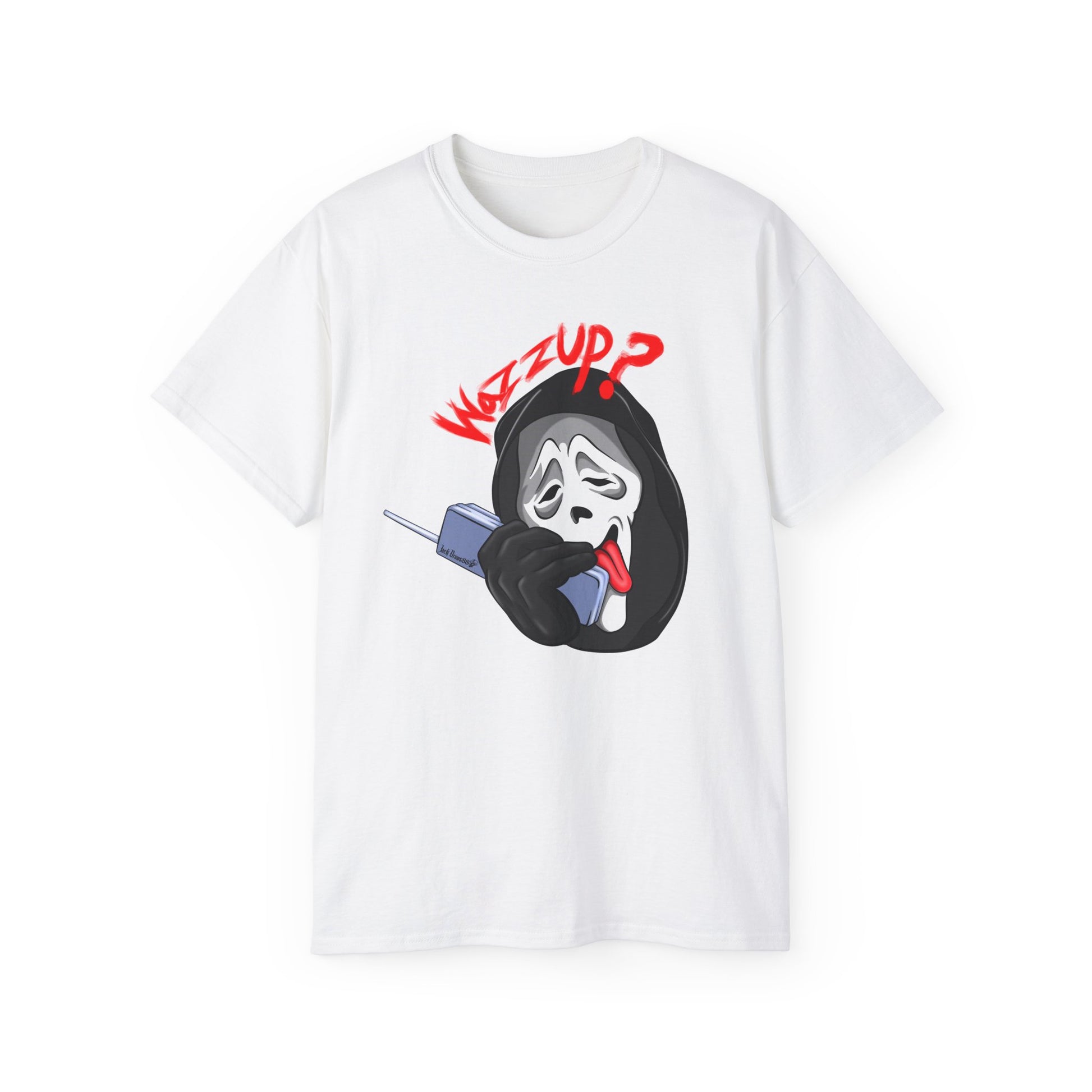 Ghostface Wazzup – Classic Meme Phone Call Tee, Unisex Cotton T-Shirt