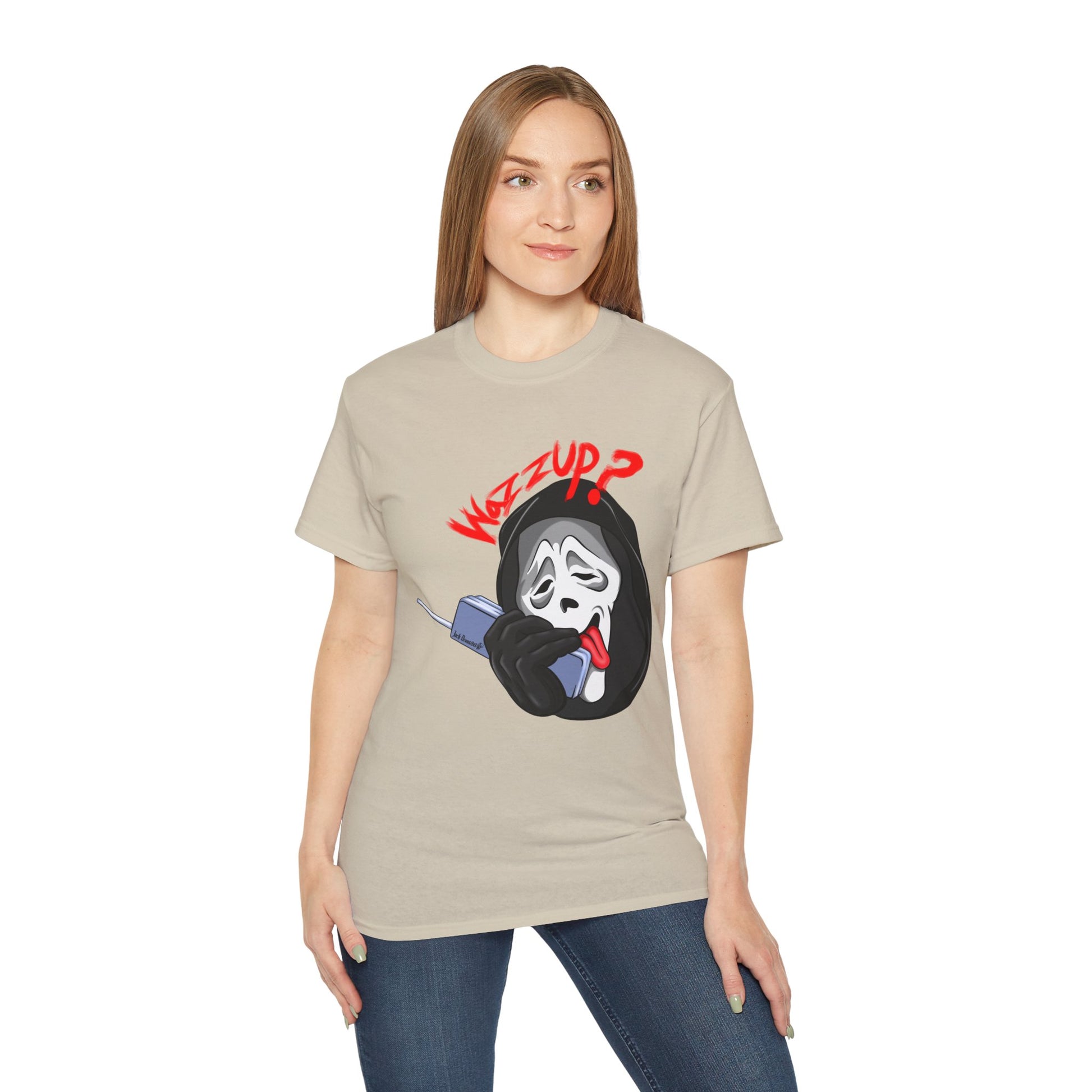 Ghostface Wazzup – Classic Meme Phone Call Tee, Unisex Cotton T-Shirt