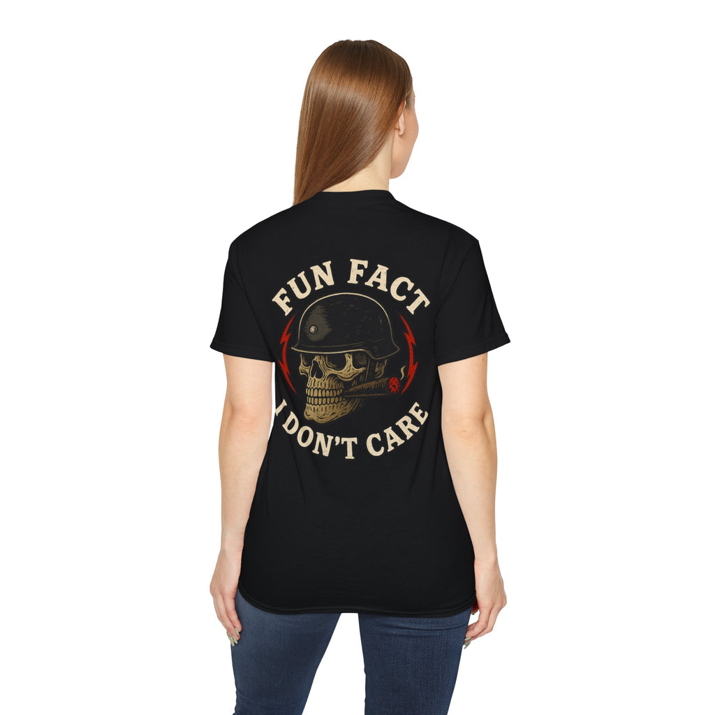 Fun Fact: I Don’t Care – Skull Helmet, Unisex Cotton T-Shirt