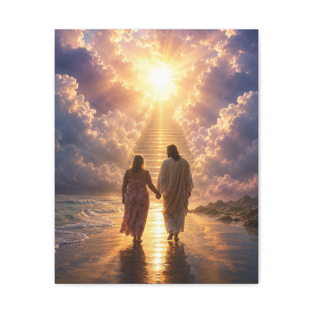 customChristina, Jesus Walking With Loved One Canvas Wall Art — Spiritual Sunrise Stairs to Heaven Matte Print
