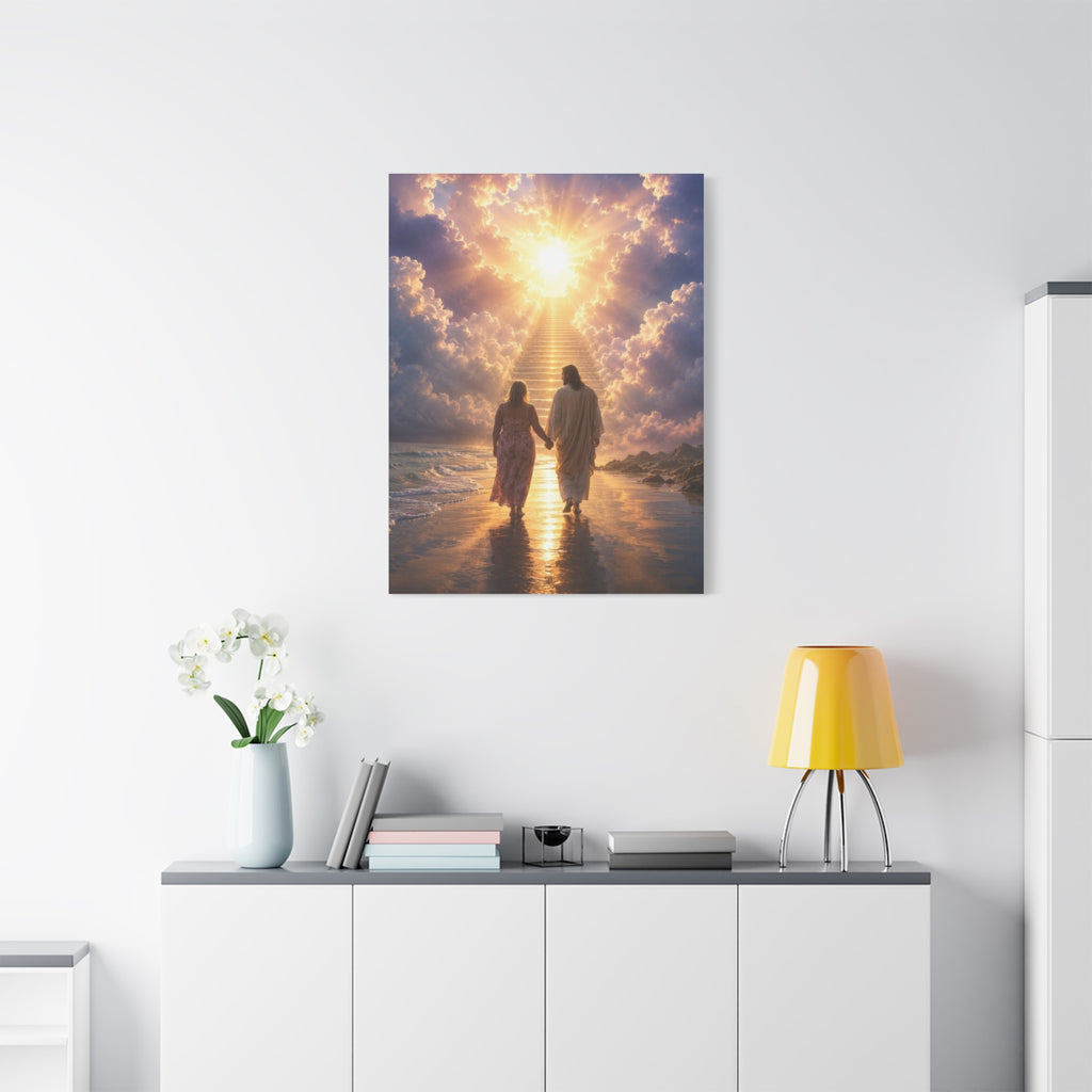 customChristina, Jesus Walking With Loved One Canvas Wall Art — Spiritual Sunrise Stairs to Heaven Matte Print