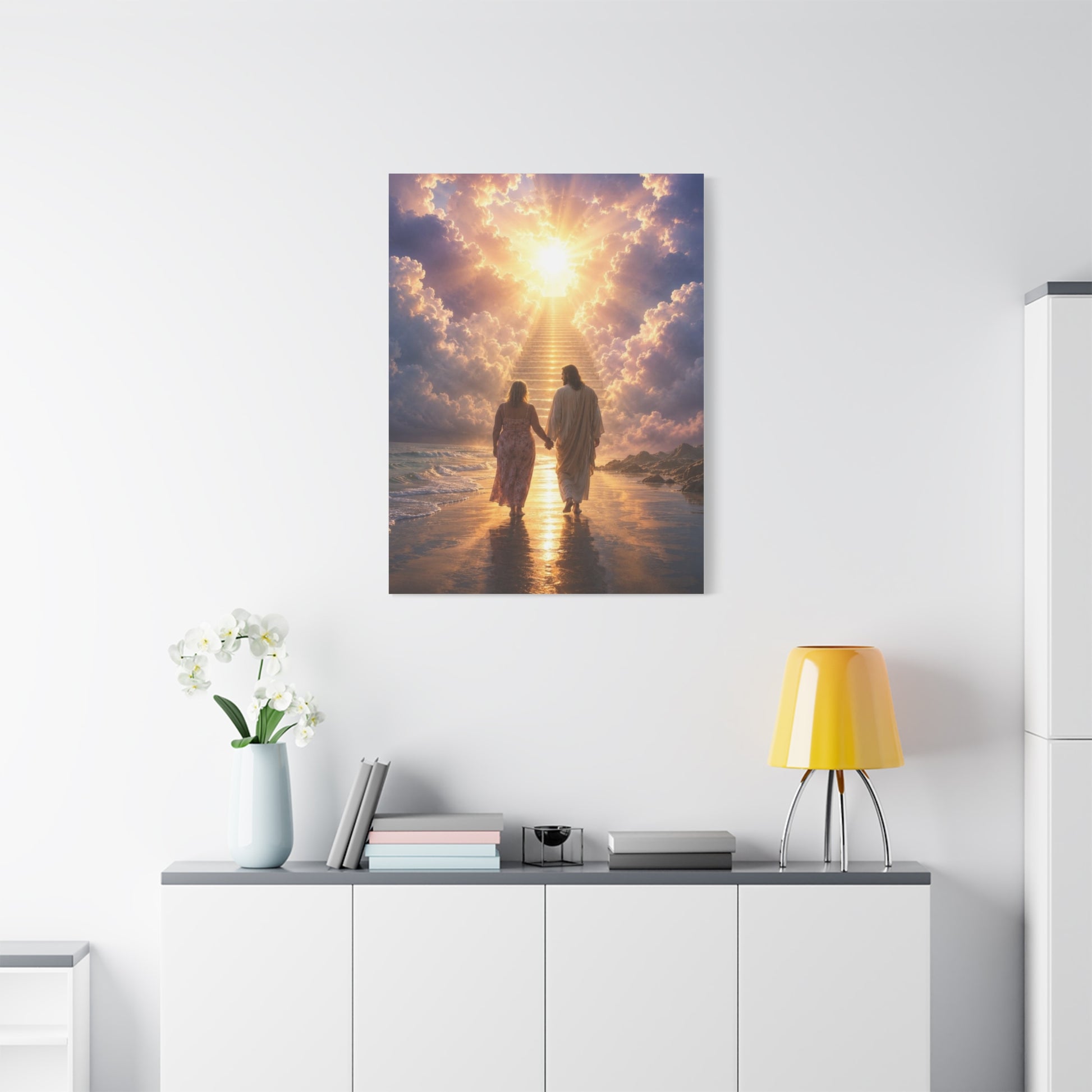 customChristina, Jesus Walking With Loved One Canvas Wall Art — Spiritual Sunrise Stairs to Heaven Matte Print