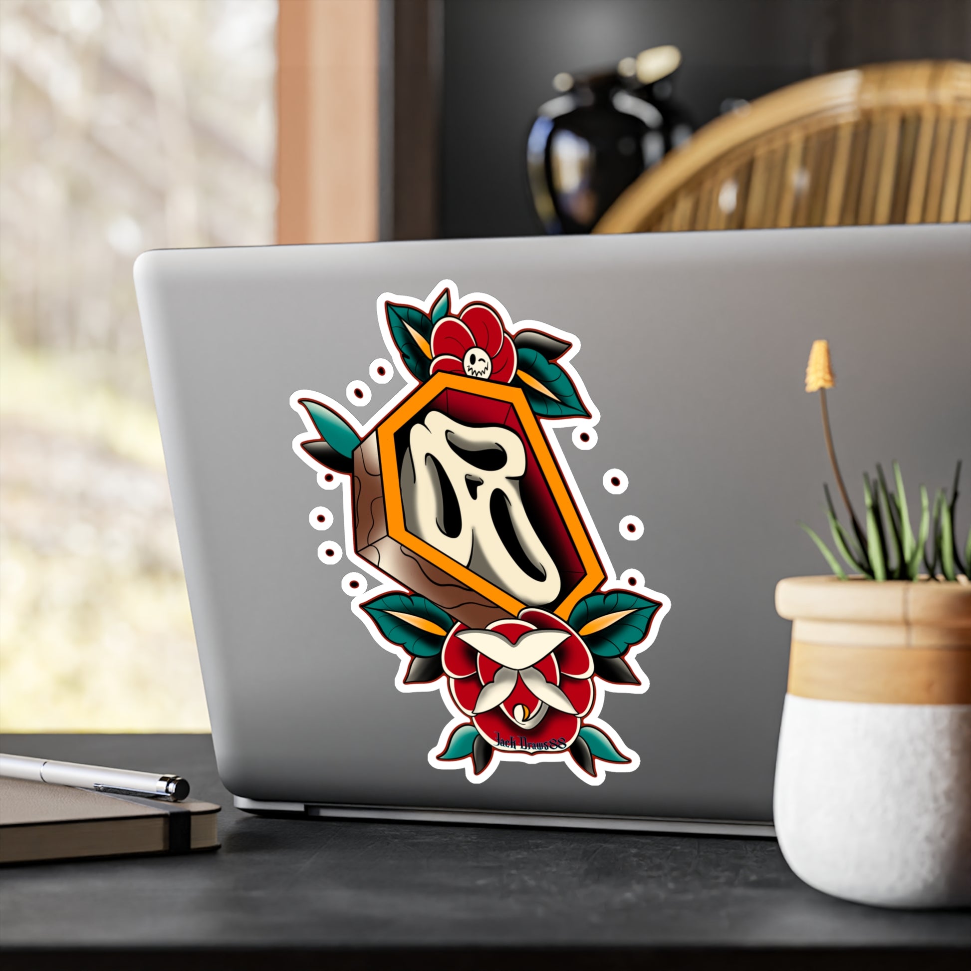 Rest in Roses – Ghostface Coffin Floral Tattoo, Kiss-Cut Vinyl Decals
