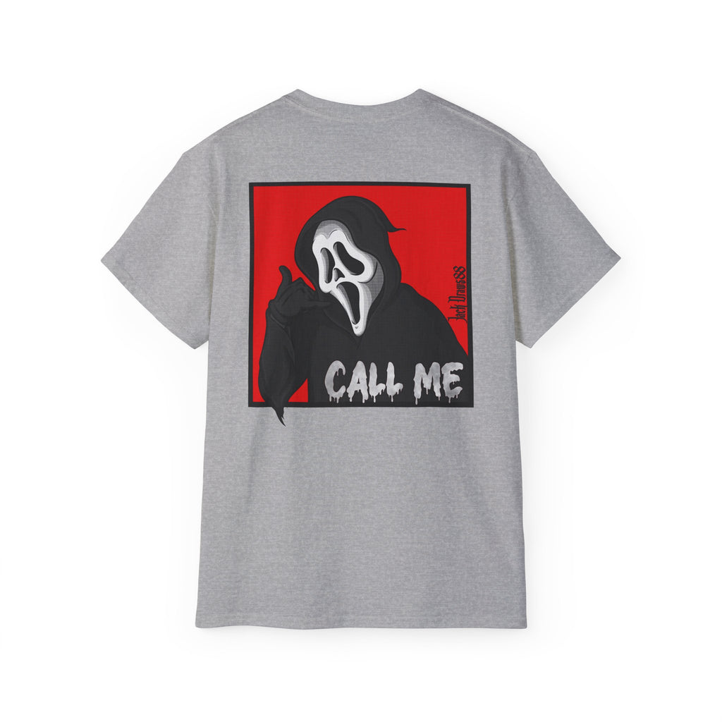 Ghostface “Call Me” – Double-Sided Slasher Parody Unisex Tee