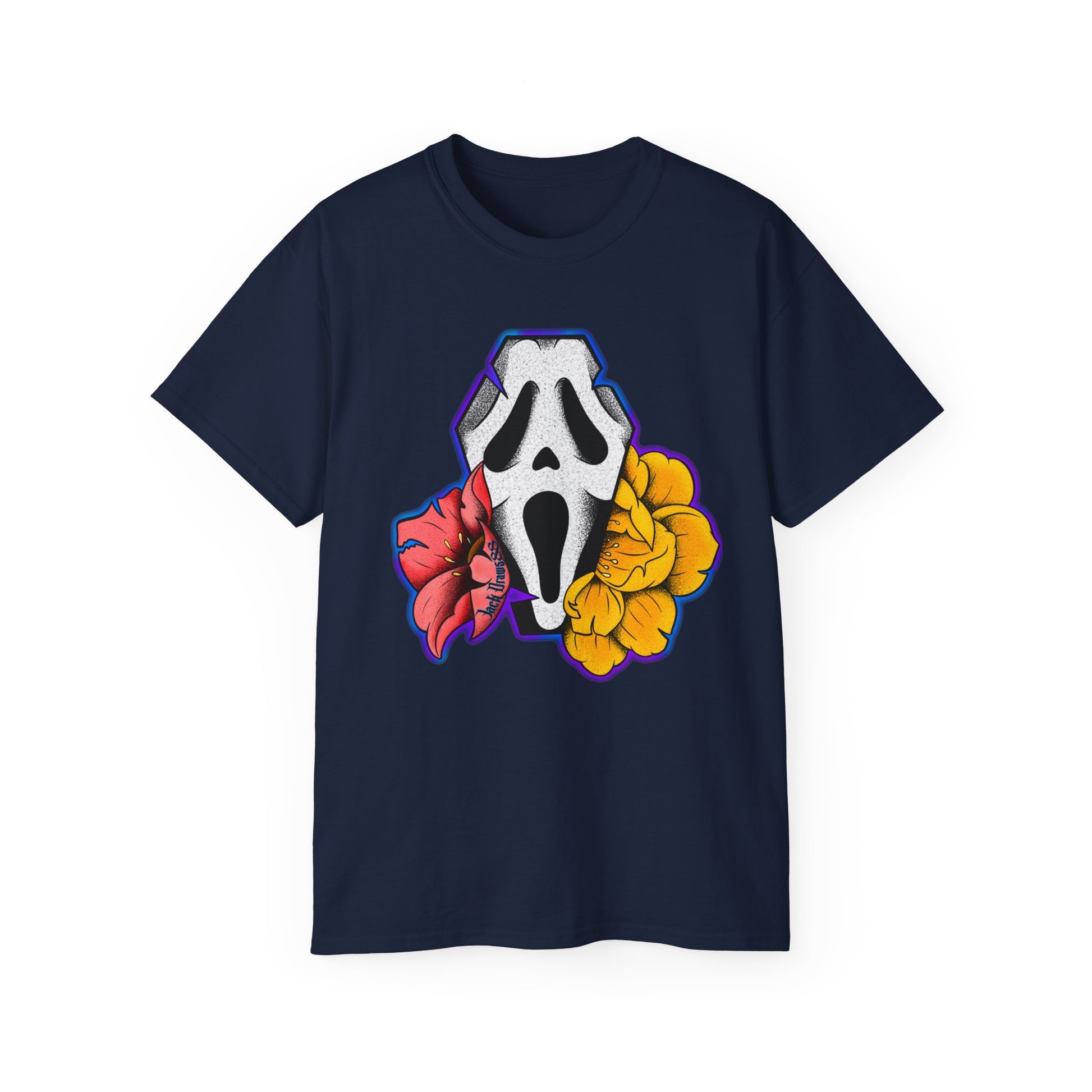 Ghostface Coffin & Flowers – Tattoo Style Horror Tee, Unisex T-Shirt
