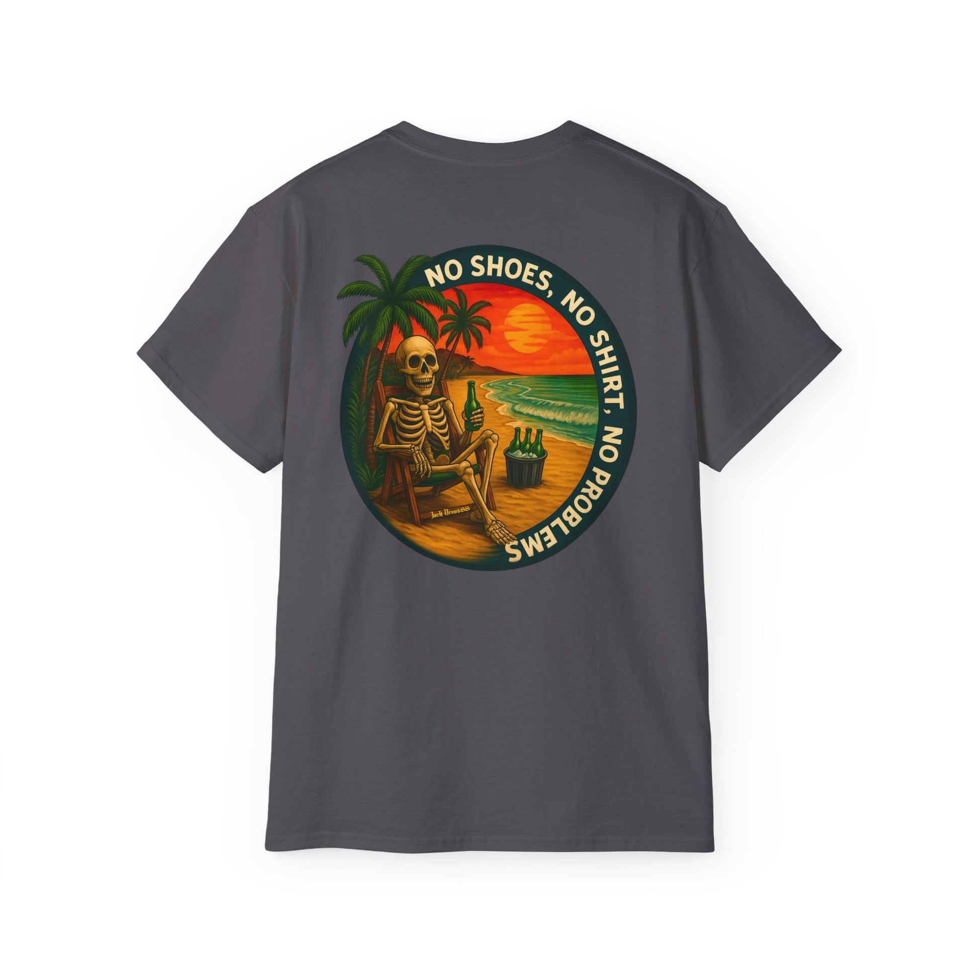 Beach Vibes Skeleton Tee, No Shoes No Shirt No Problems Shirt, Front & Back