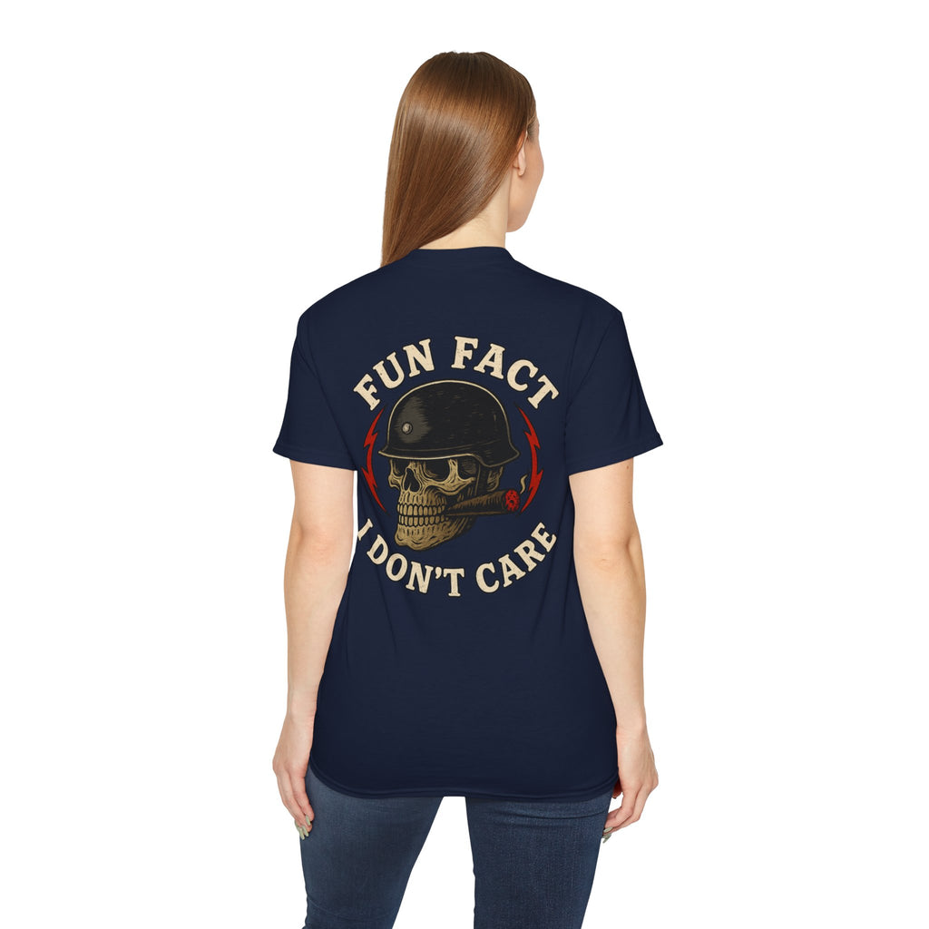 Fun Fact: I Don’t Care – Skull Helmet, Unisex Cotton T-Shirt
