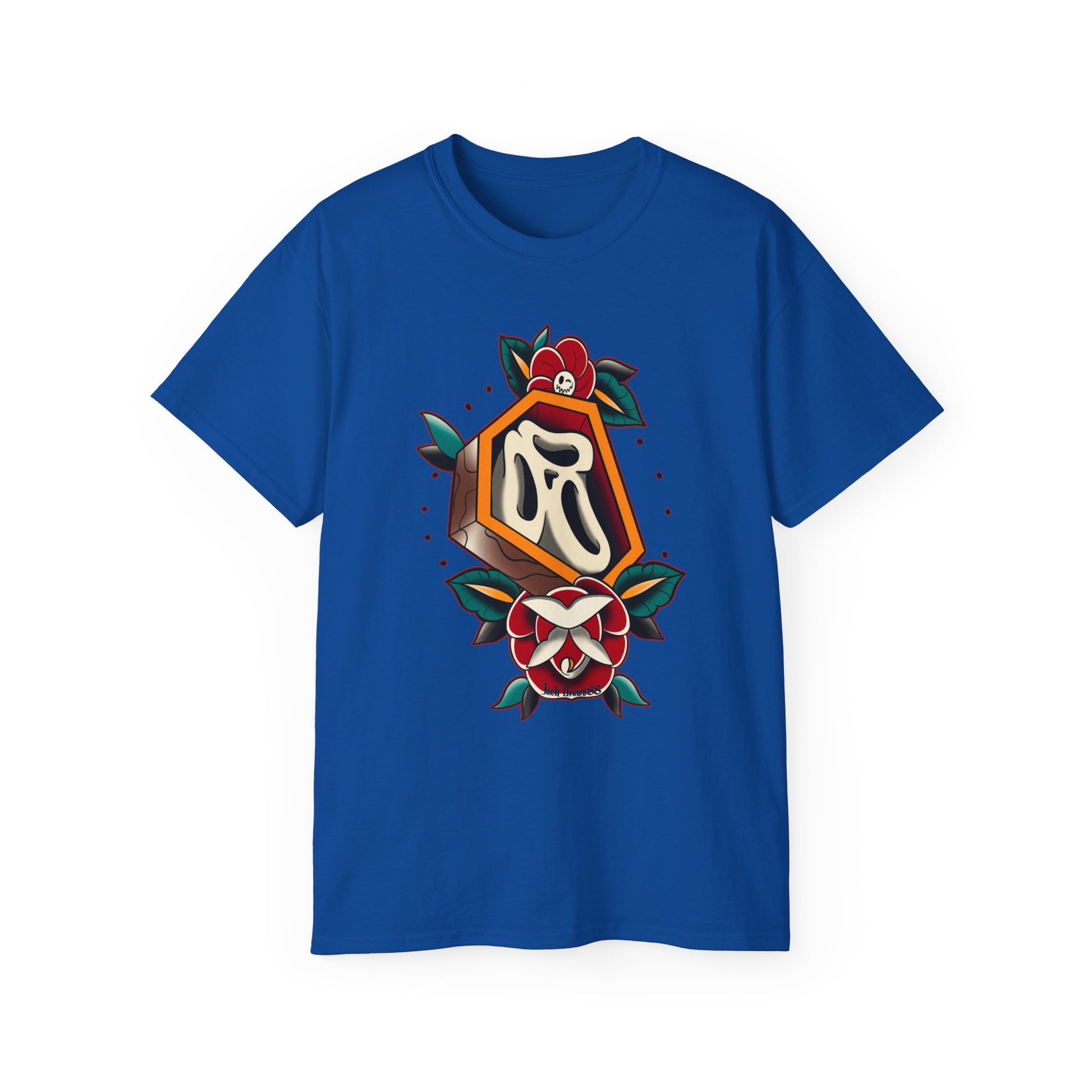 Rest in Roses – Ghostface Coffin Floral Tattoo Unisex Cotton
