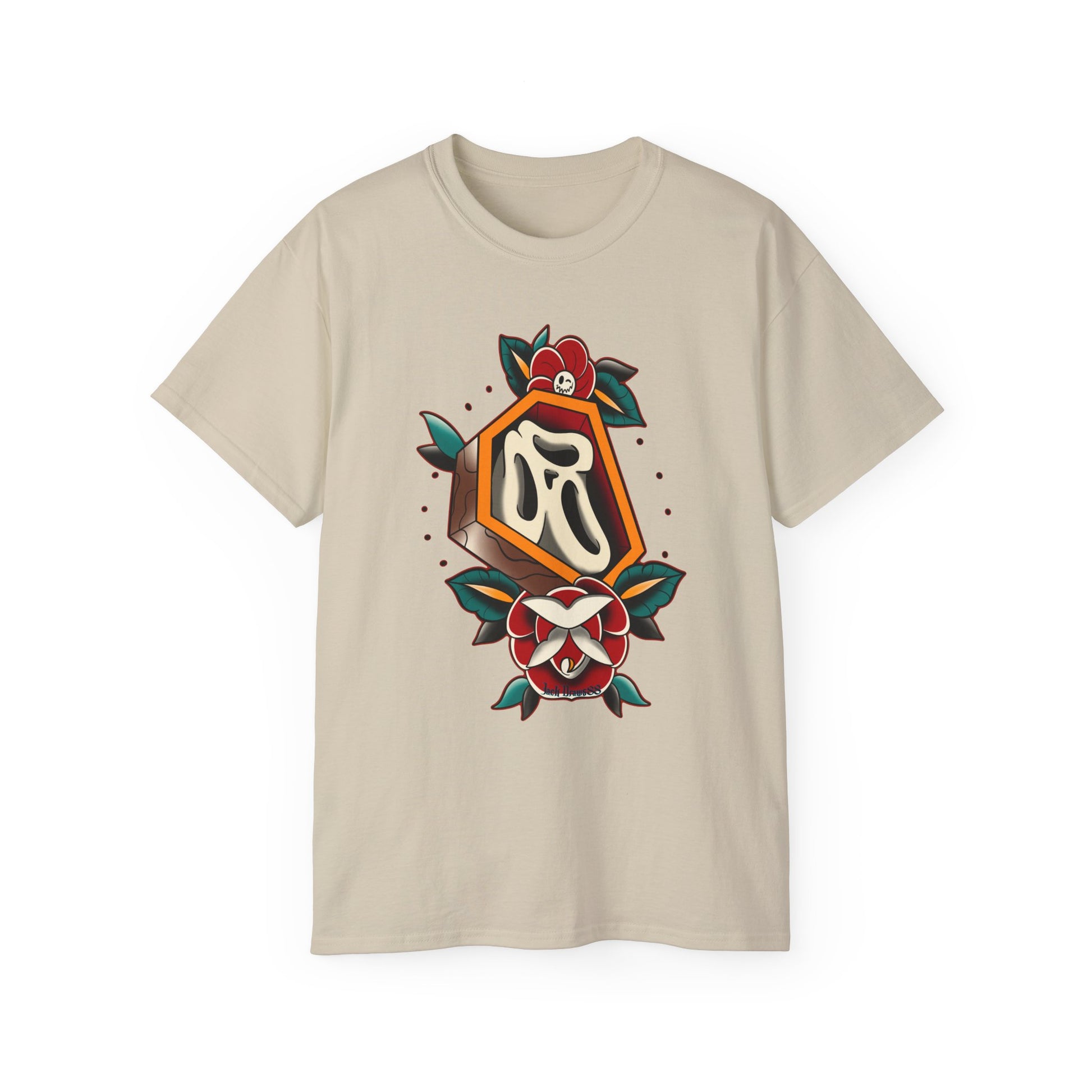 Rest in Roses – Ghostface Coffin Floral Tattoo Unisex Cotton