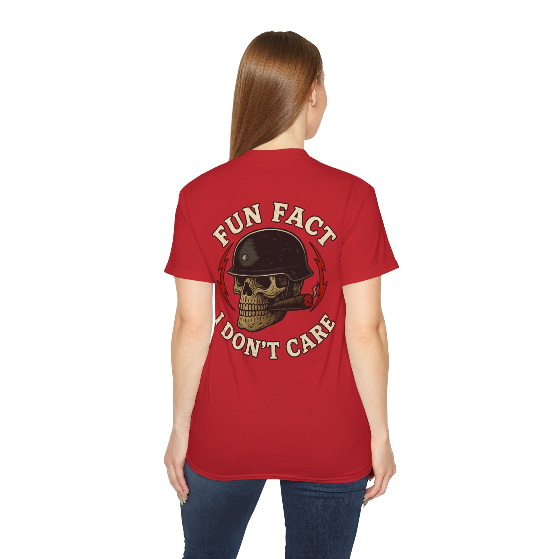 Fun Fact: I Don’t Care – Skull Helmet, Unisex Cotton T-Shirt