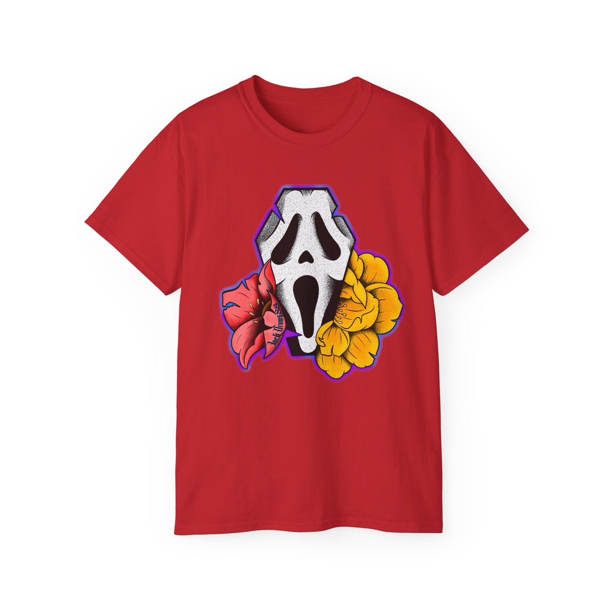 Ghostface Coffin & Flowers – Tattoo Style Horror Tee, Unisex T-Shirt