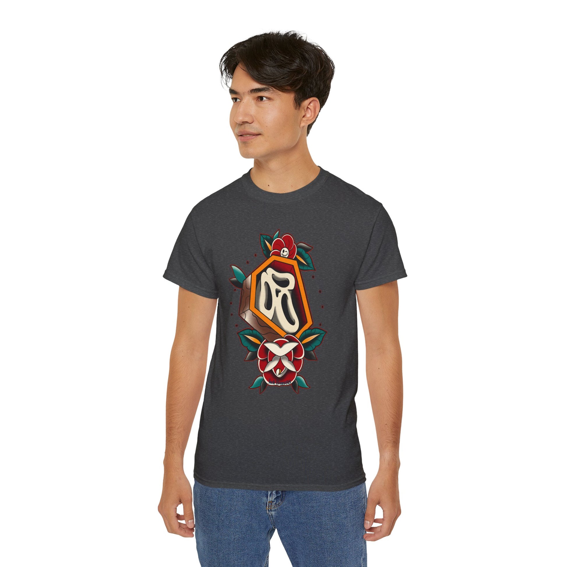 Rest in Roses – Ghostface Coffin Floral Tattoo Unisex Cotton