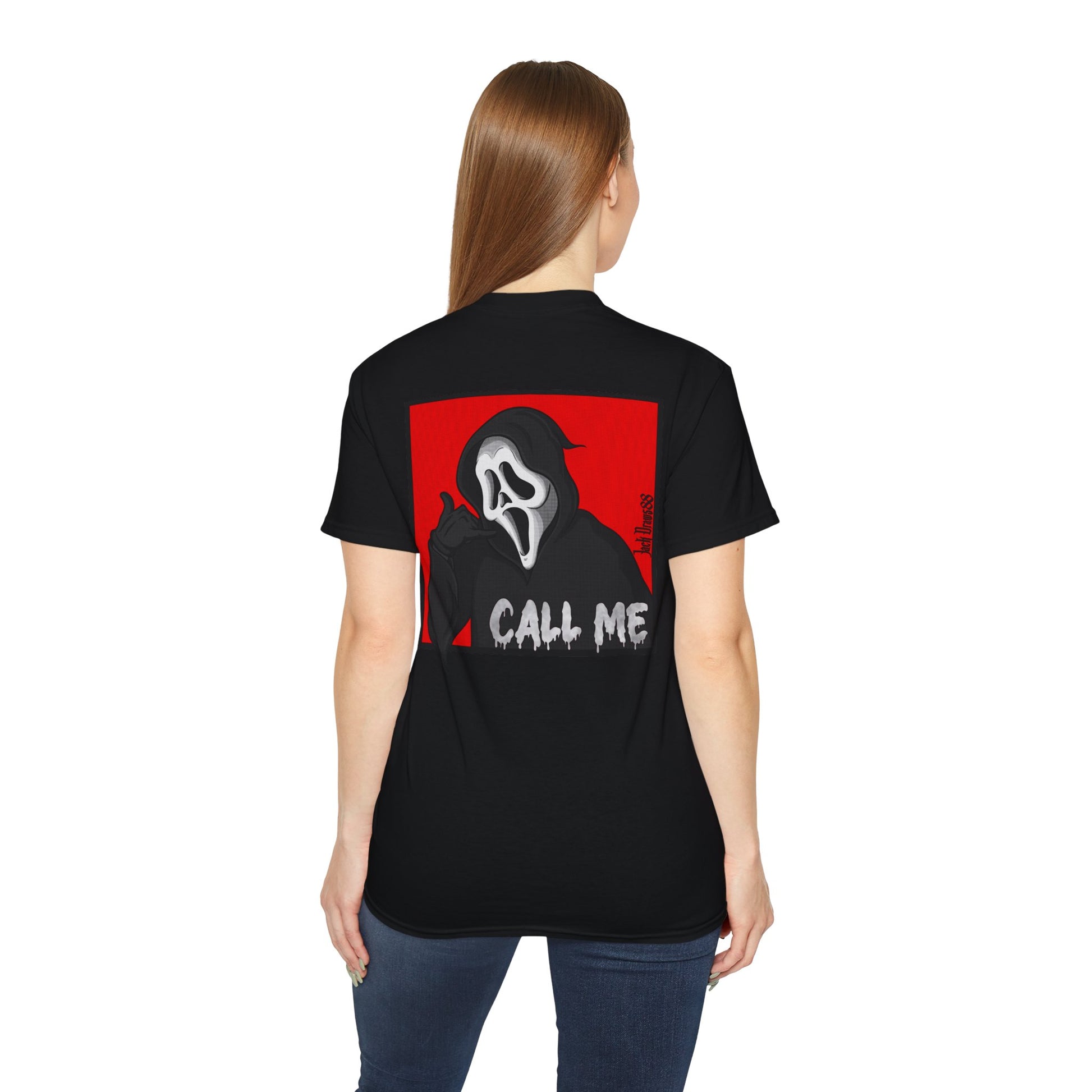 Ghostface “Call Me” – Double-Sided Slasher Parody Unisex Tee