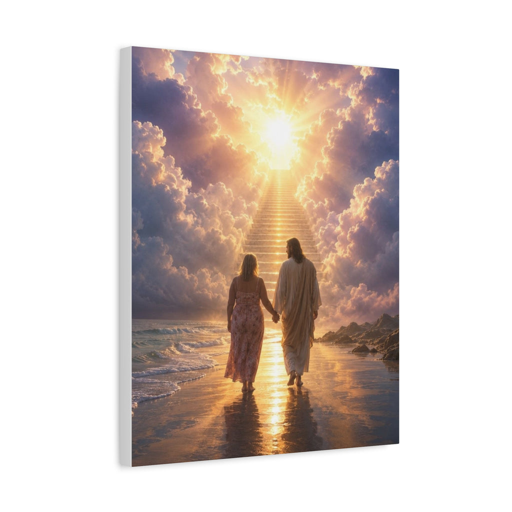customChristina, Jesus Walking With Loved One Canvas Wall Art — Spiritual Sunrise Stairs to Heaven Matte Print