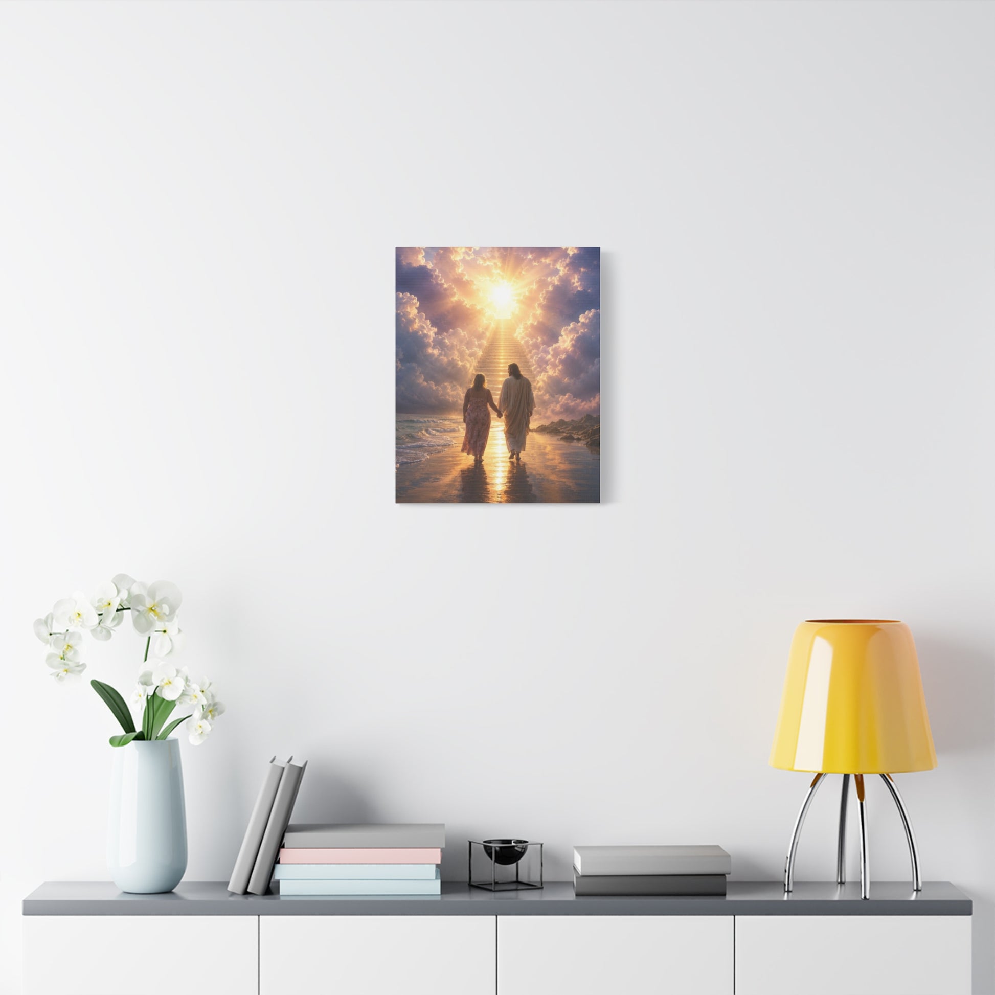 customChristina, Jesus Walking With Loved One Canvas Wall Art — Spiritual Sunrise Stairs to Heaven Matte Print