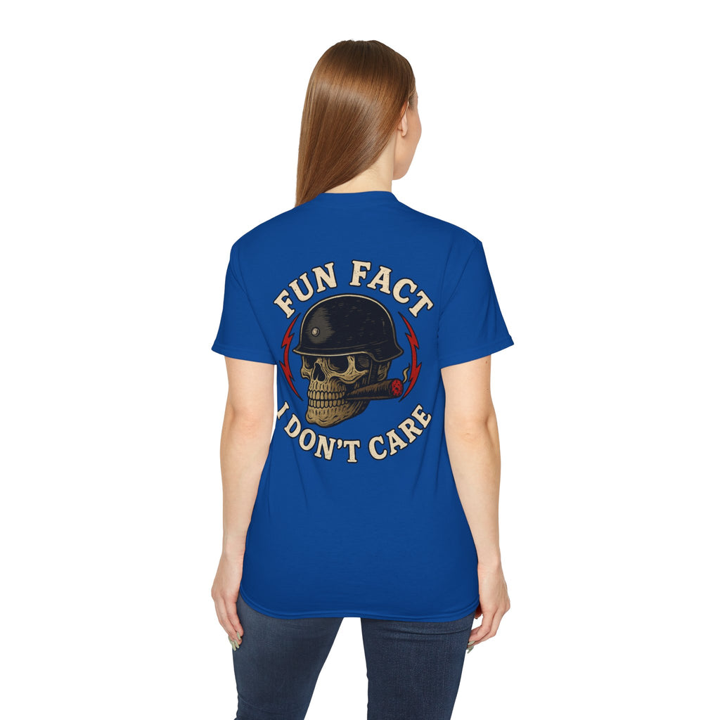 Fun Fact: I Don’t Care – Skull Helmet, Unisex Cotton T-Shirt