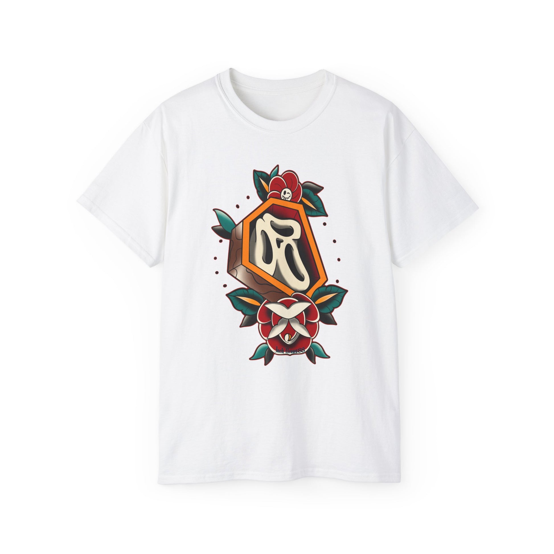 Rest in Roses – Ghostface Coffin Floral Tattoo Unisex Cotton