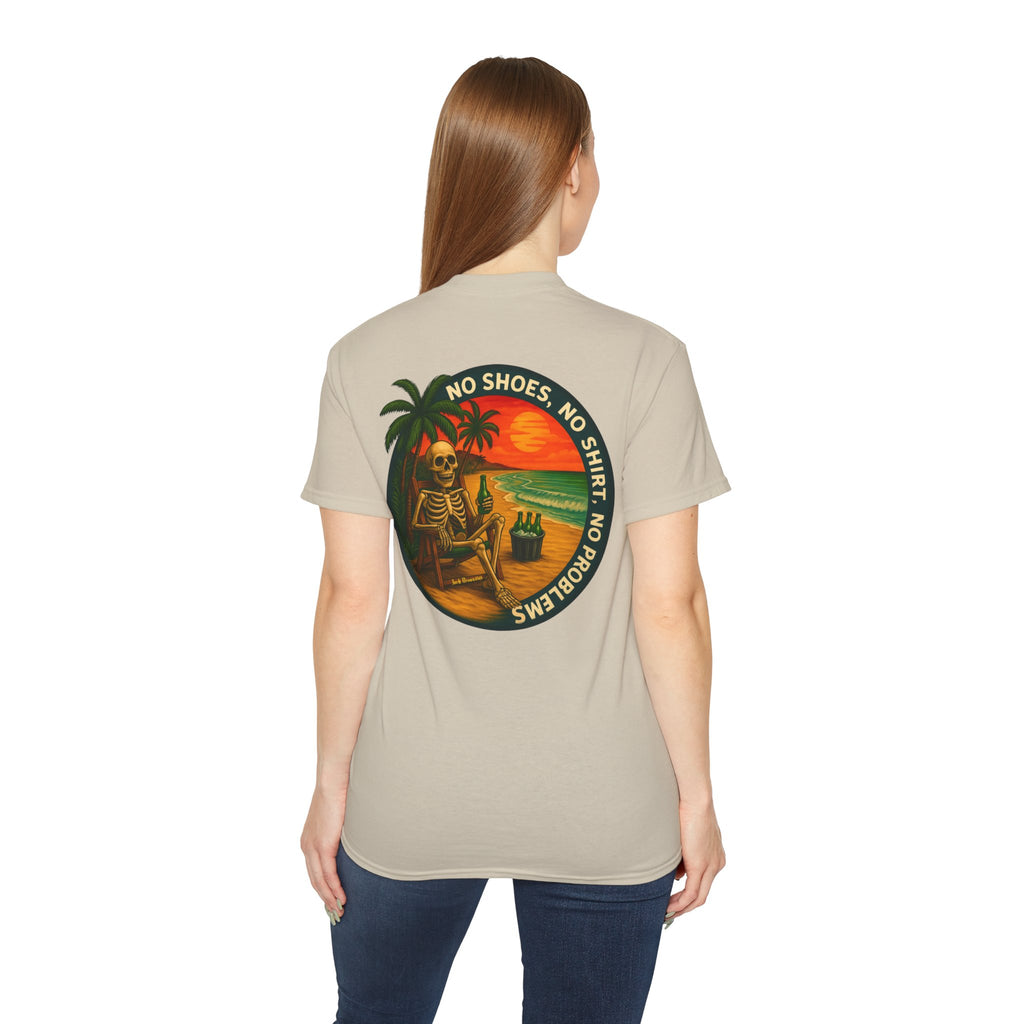 Beach Vibes Skeleton Tee, No Shoes No Shirt No Problems Shirt, Front & Back