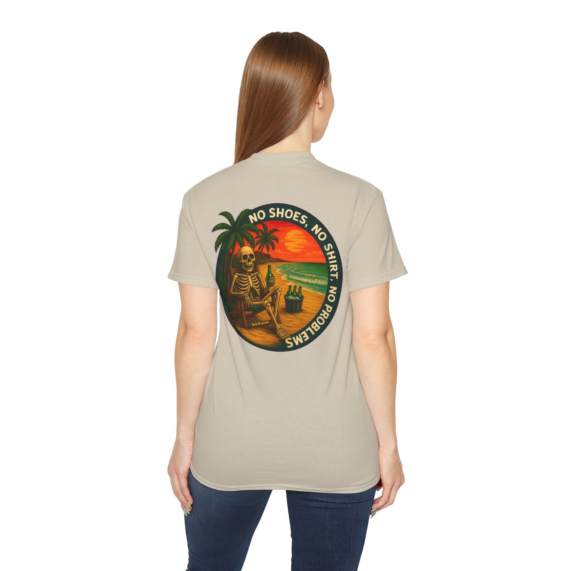 Beach Vibes Skeleton Tee, No Shoes No Shirt No Problems Shirt, Front & Back