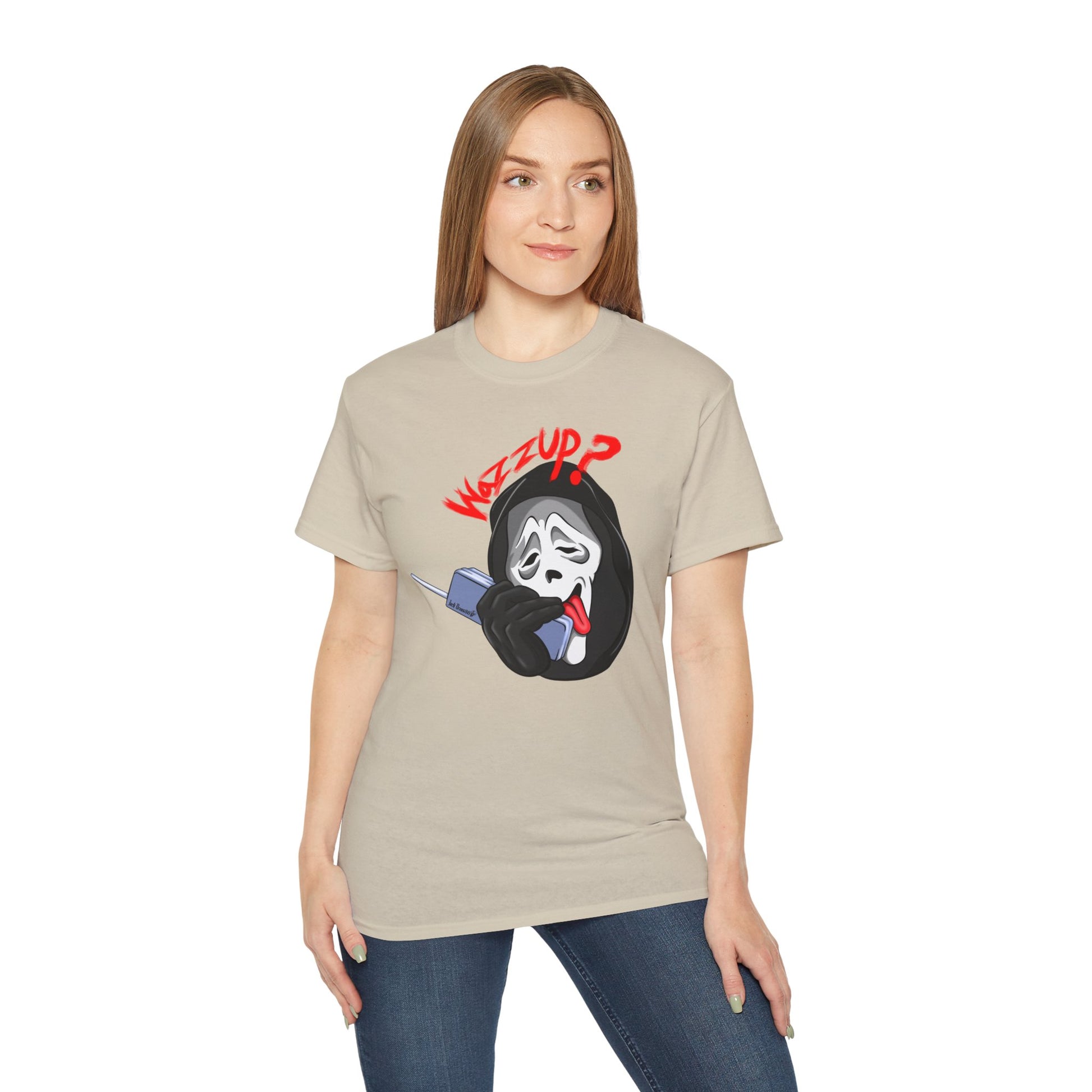 Ghostface Wazzup – Classic Meme Phone Call Tee, Unisex Cotton T-Shirt