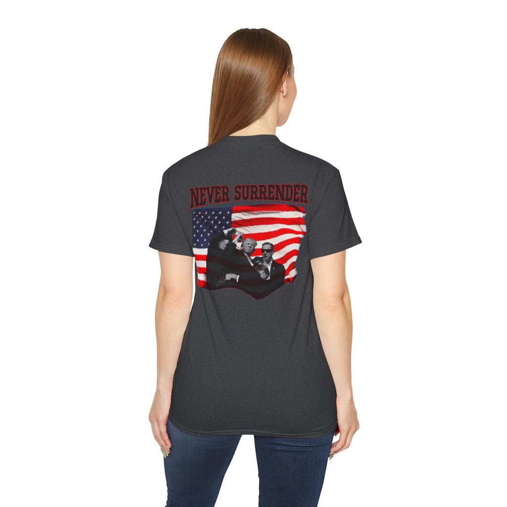 Never Surrender – Trump 2028 Patriotic Statement Tee, Unisex Ultra Cotton Tee