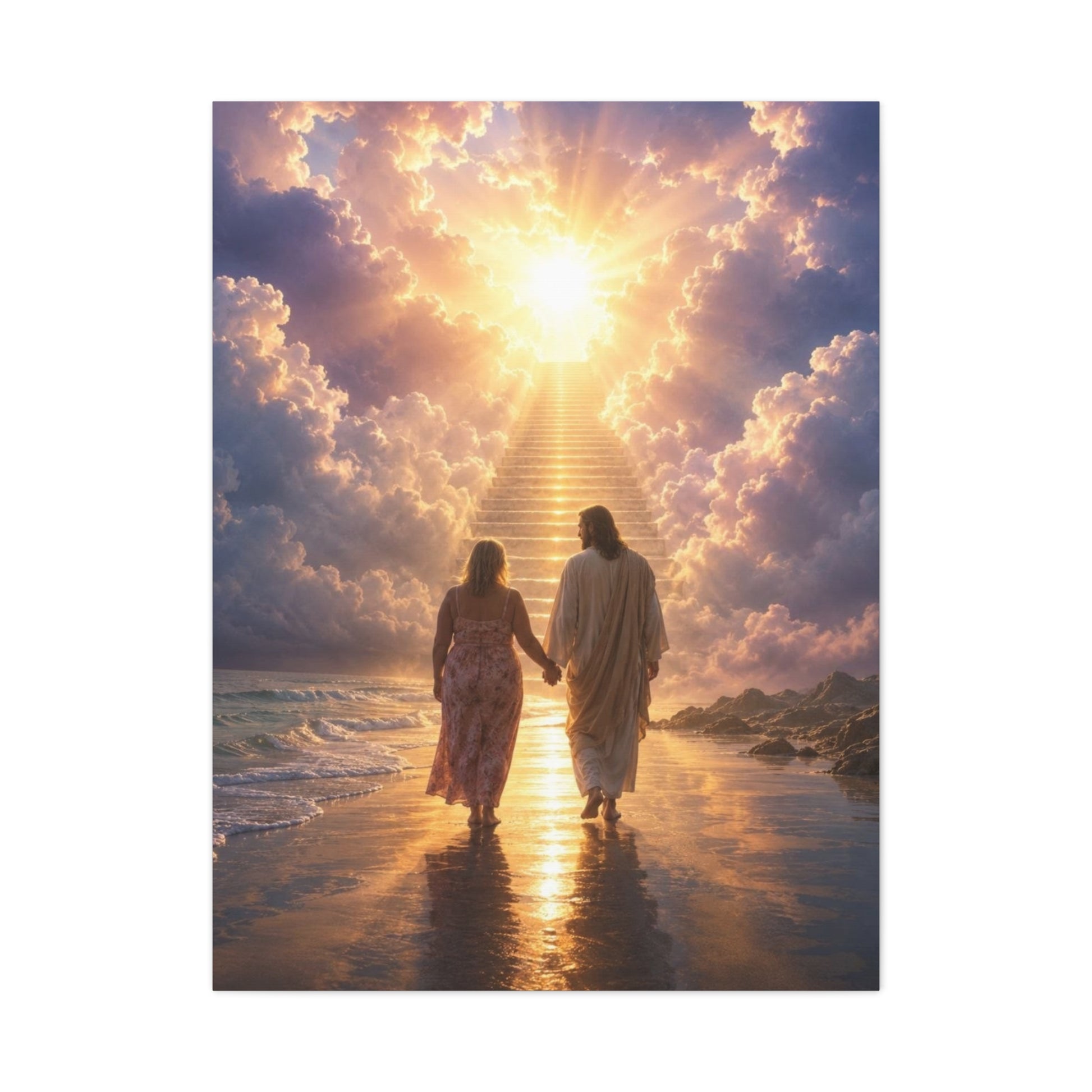 customChristina, Jesus Walking With Loved One Canvas Wall Art — Spiritual Sunrise Stairs to Heaven Matte Print