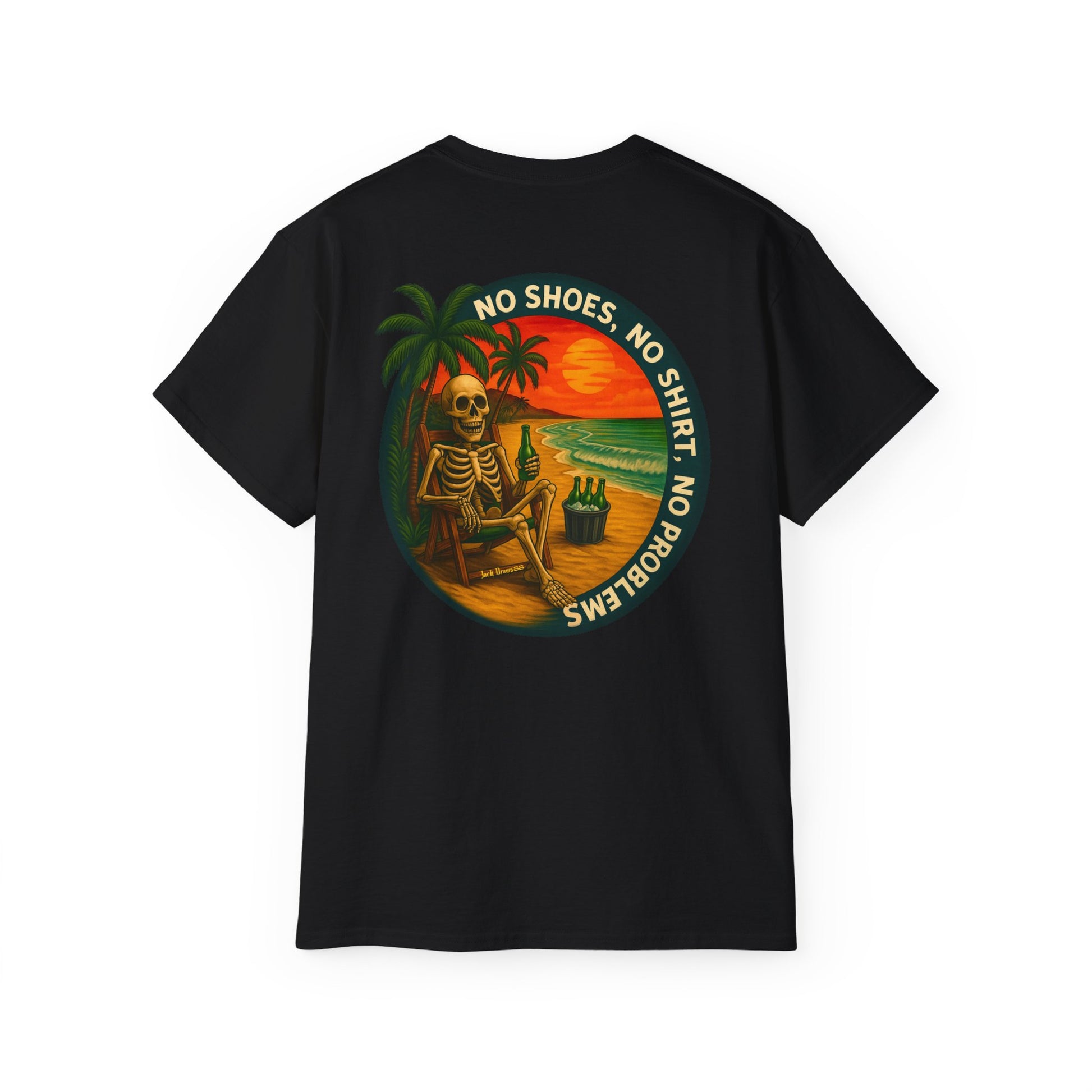Beach Vibes Skeleton Tee, No Shoes No Shirt No Problems Shirt, Front & Back
