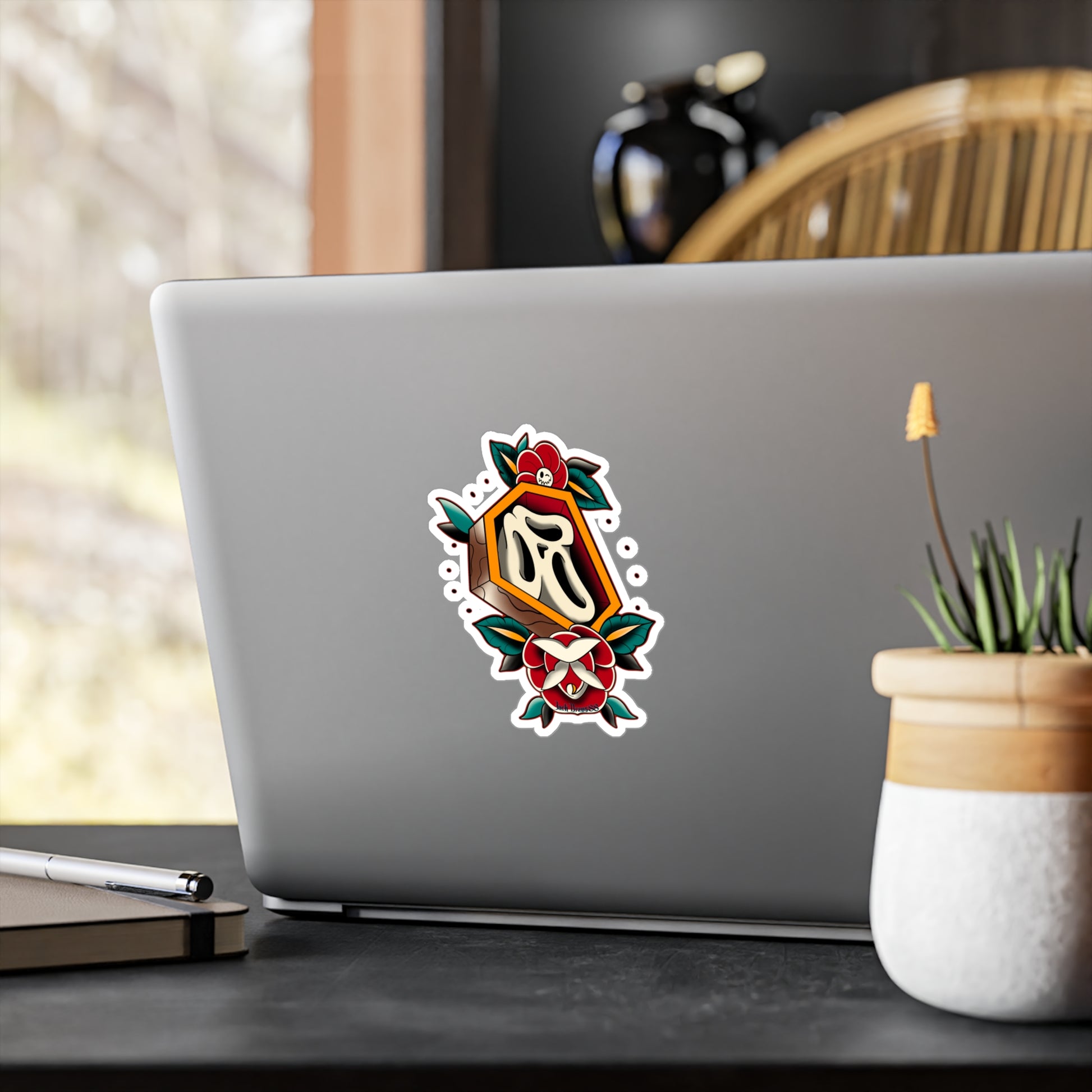 Rest in Roses – Ghostface Coffin Floral Tattoo, Kiss-Cut Vinyl Decals