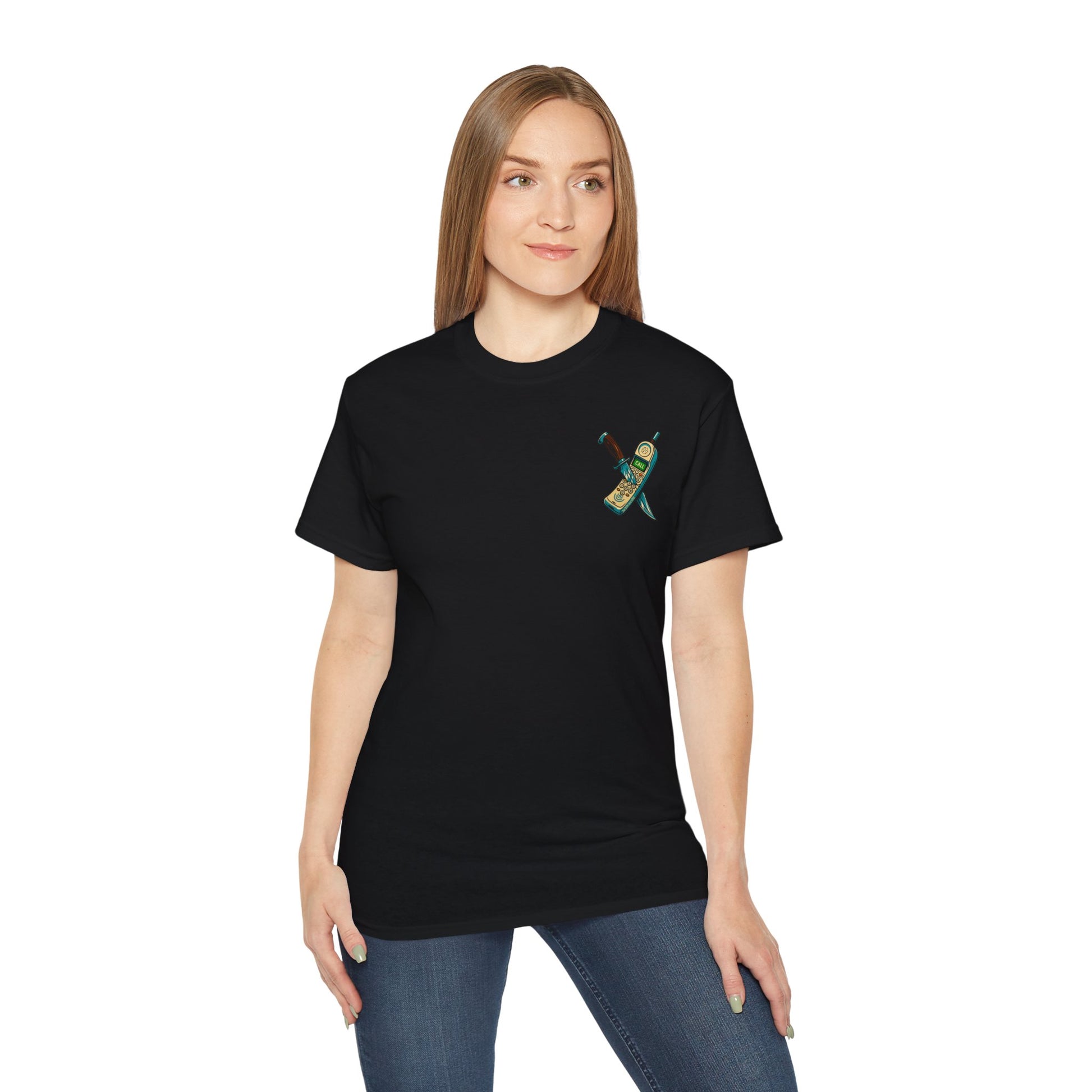 Ghostface “Call Me” – Double-Sided Slasher Parody Unisex Tee