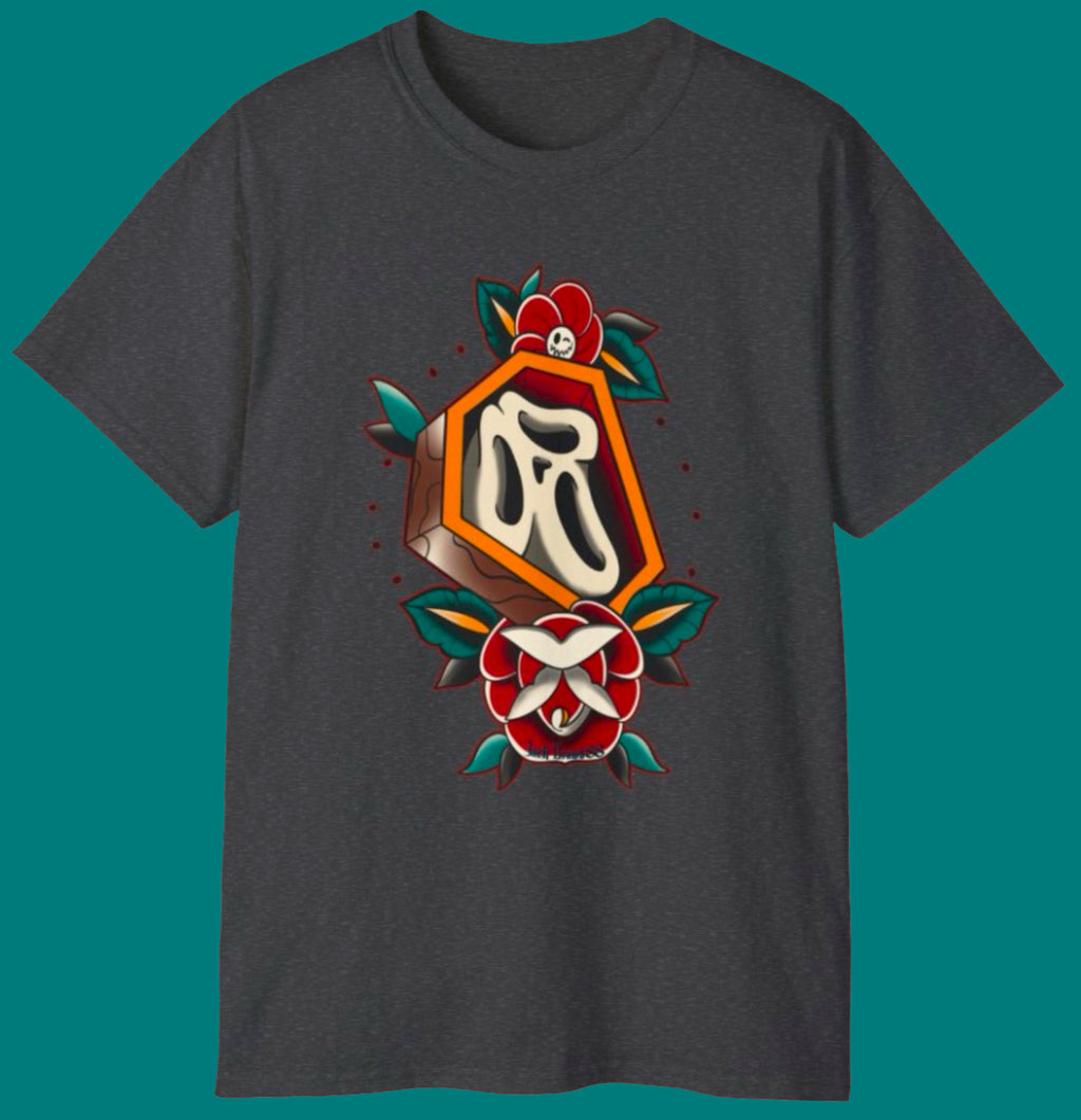 Rest in Roses – Ghostface Coffin Floral Tattoo Unisex Cotton
