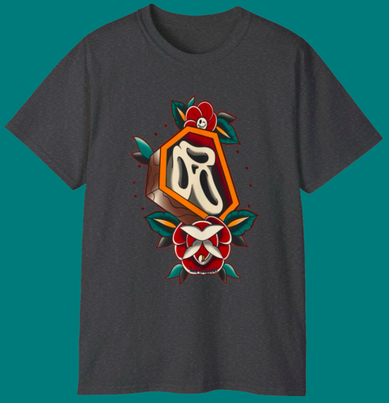 Rest in Roses – Ghostface Coffin Floral Tattoo Unisex Cotton