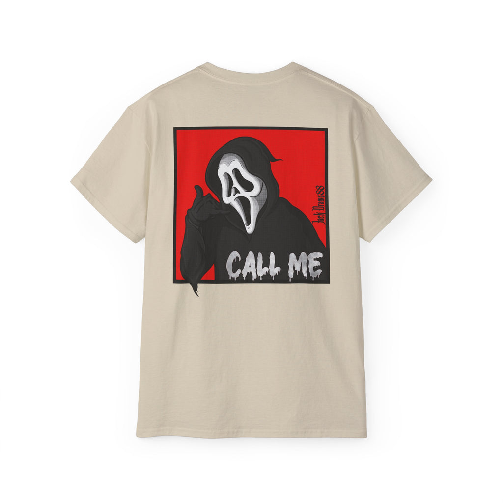 Ghostface “Call Me” – Double-Sided Slasher Parody Unisex Tee