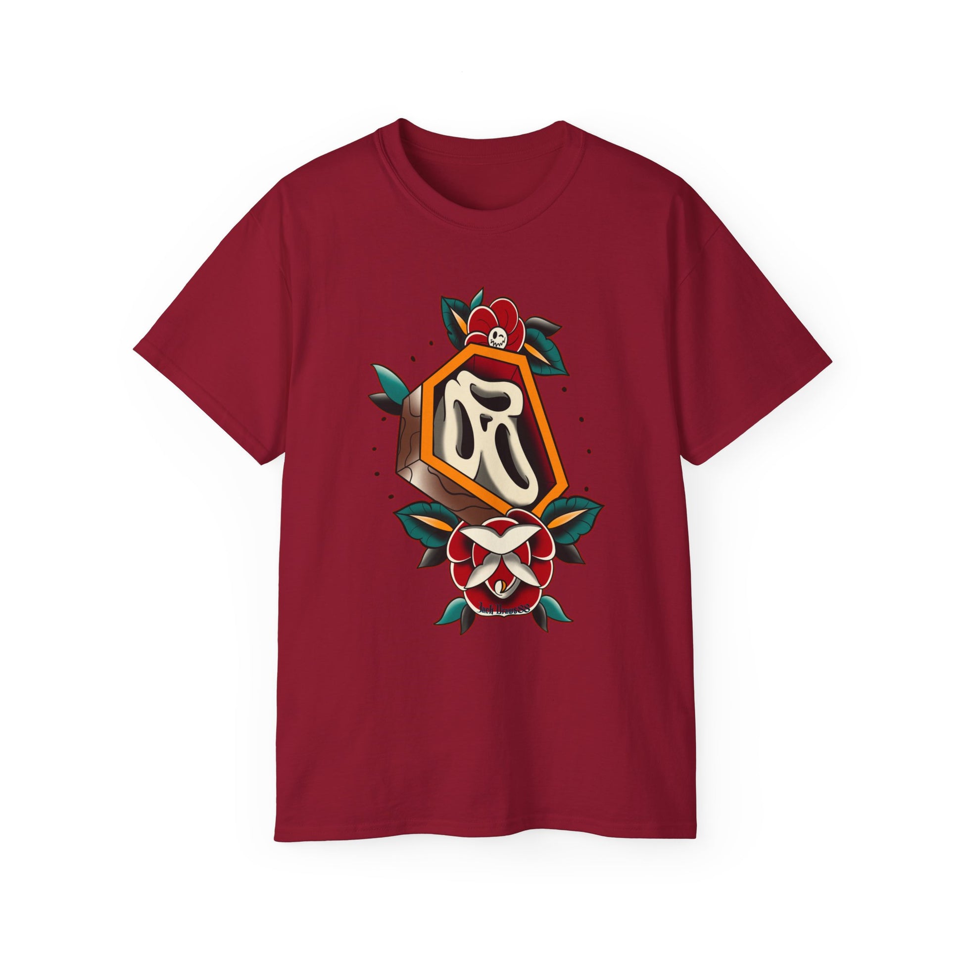 Rest in Roses – Ghostface Coffin Floral Tattoo Unisex Cotton