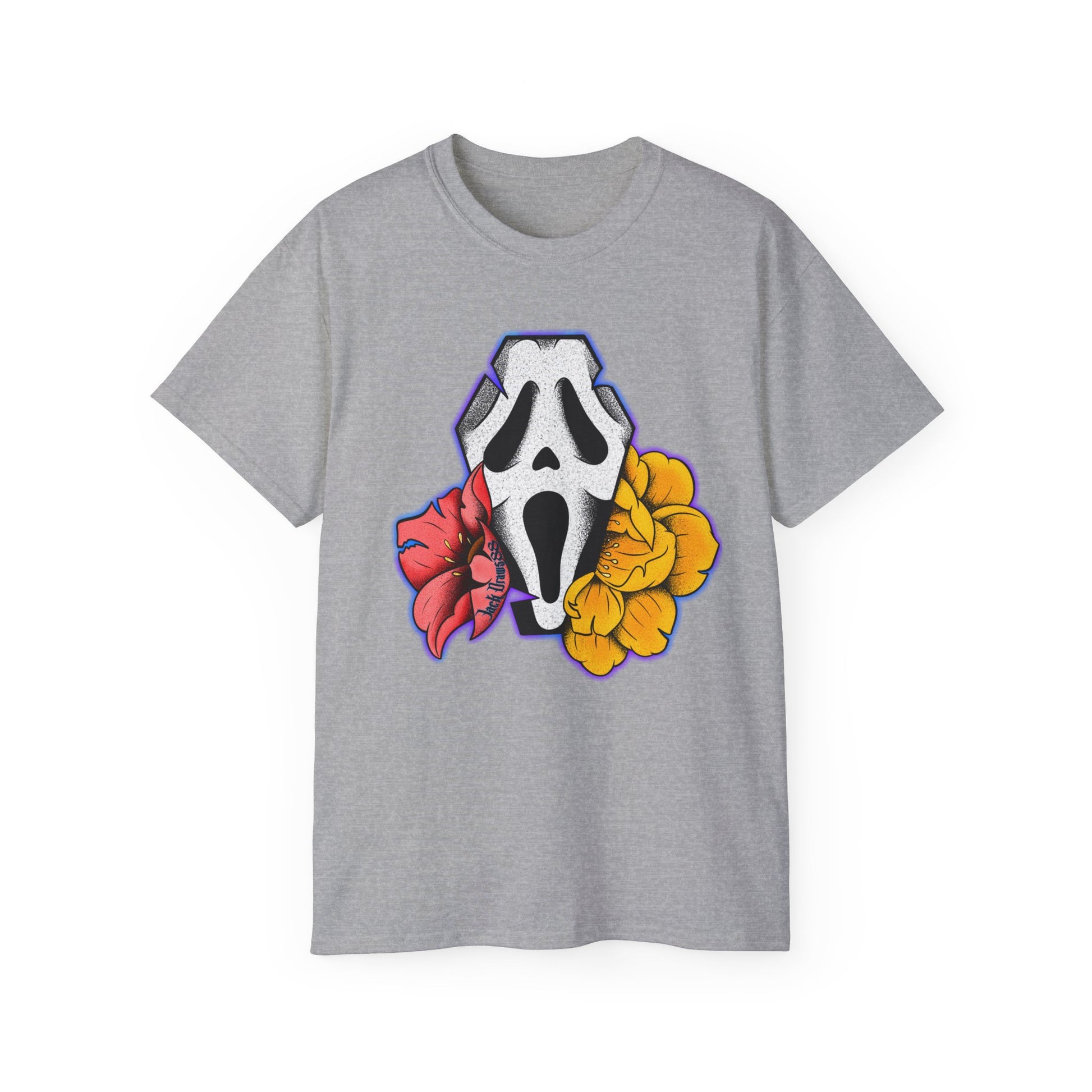 Ghostface Coffin & Flowers – Tattoo Style Horror Tee, Unisex T-Shirt