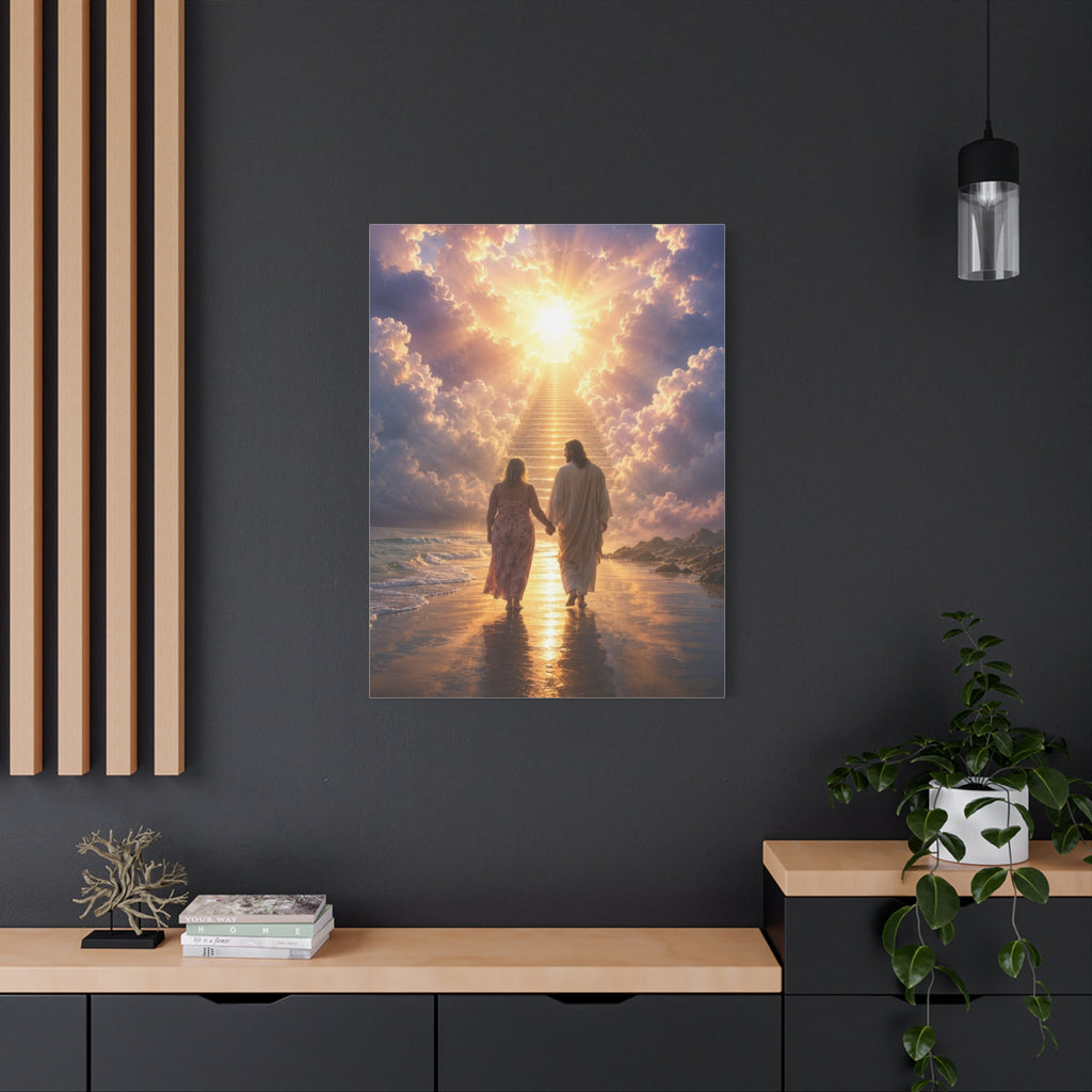customChristina, Jesus Walking With Loved One Canvas Wall Art — Spiritual Sunrise Stairs to Heaven Matte Print