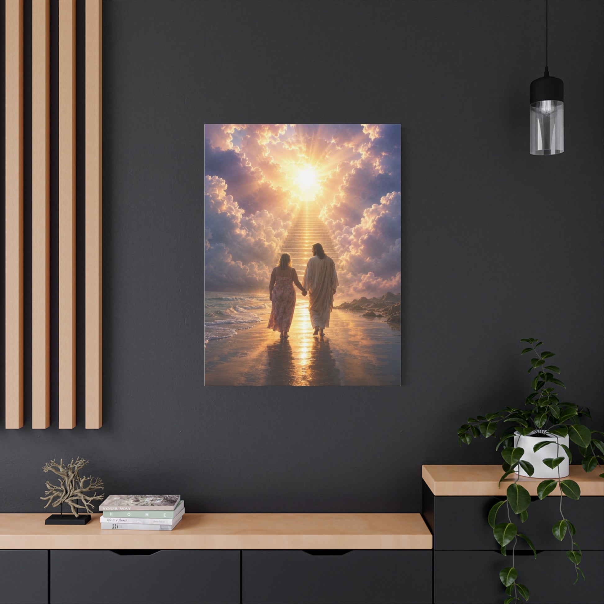 customChristina, Jesus Walking With Loved One Canvas Wall Art — Spiritual Sunrise Stairs to Heaven Matte Print