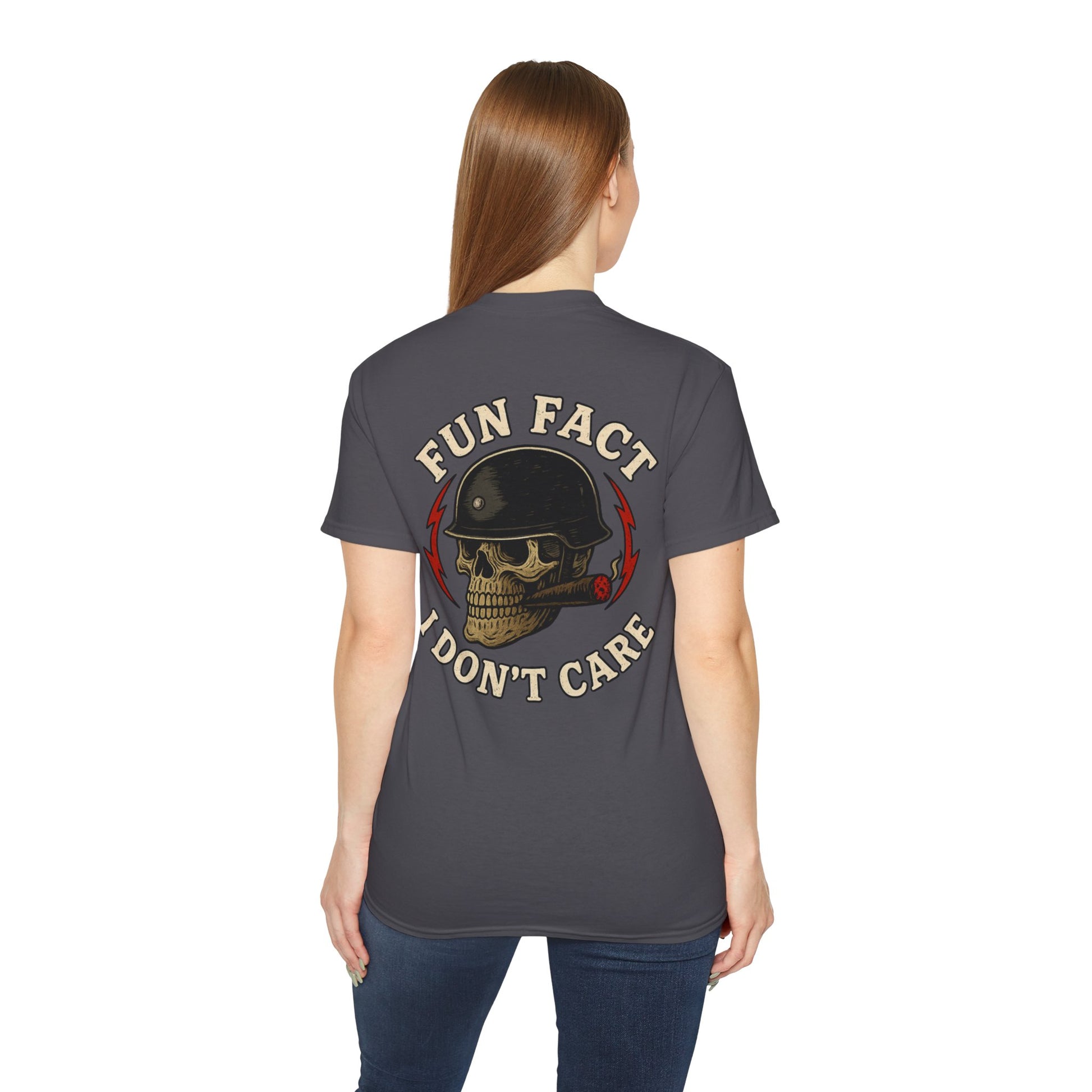 Fun Fact: I Don’t Care – Skull Helmet, Unisex Cotton T-Shirt