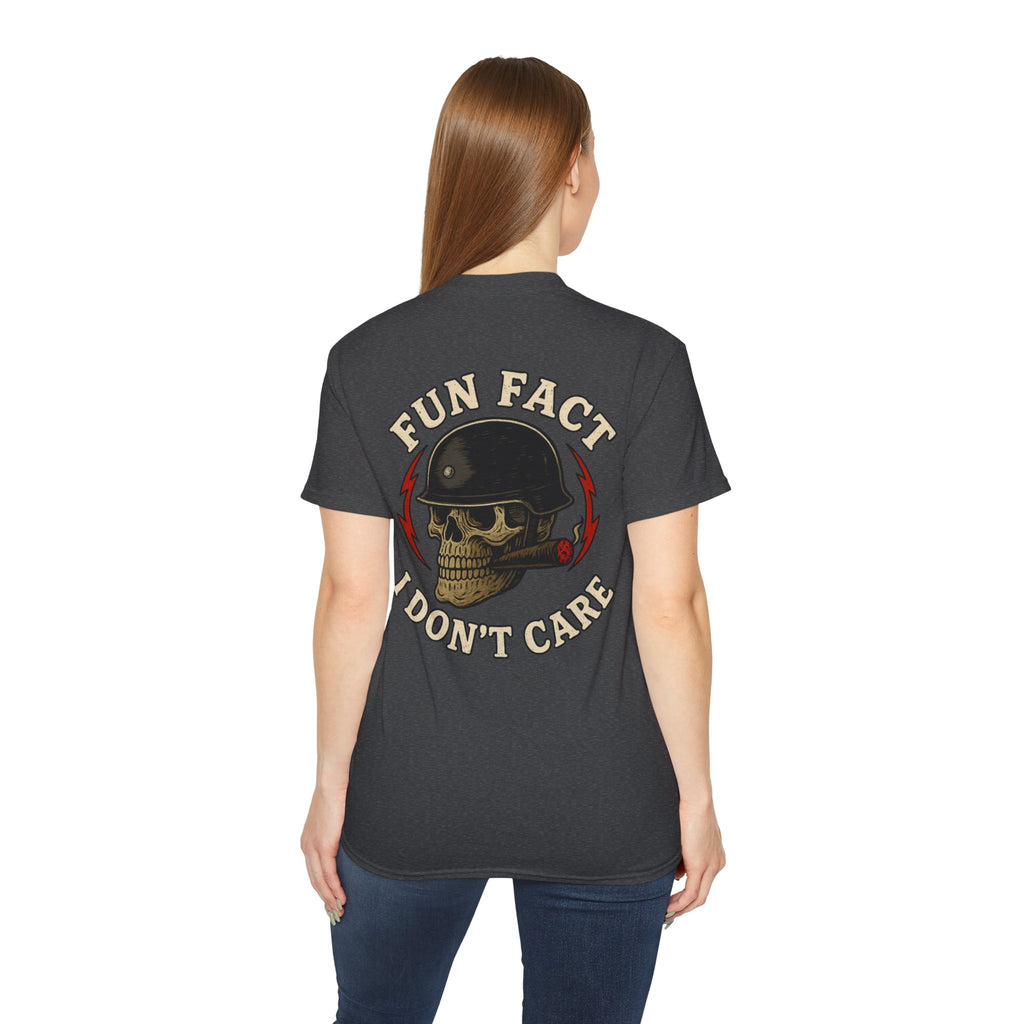 Fun Fact: I Don’t Care – Skull Helmet, Unisex Cotton T-Shirt