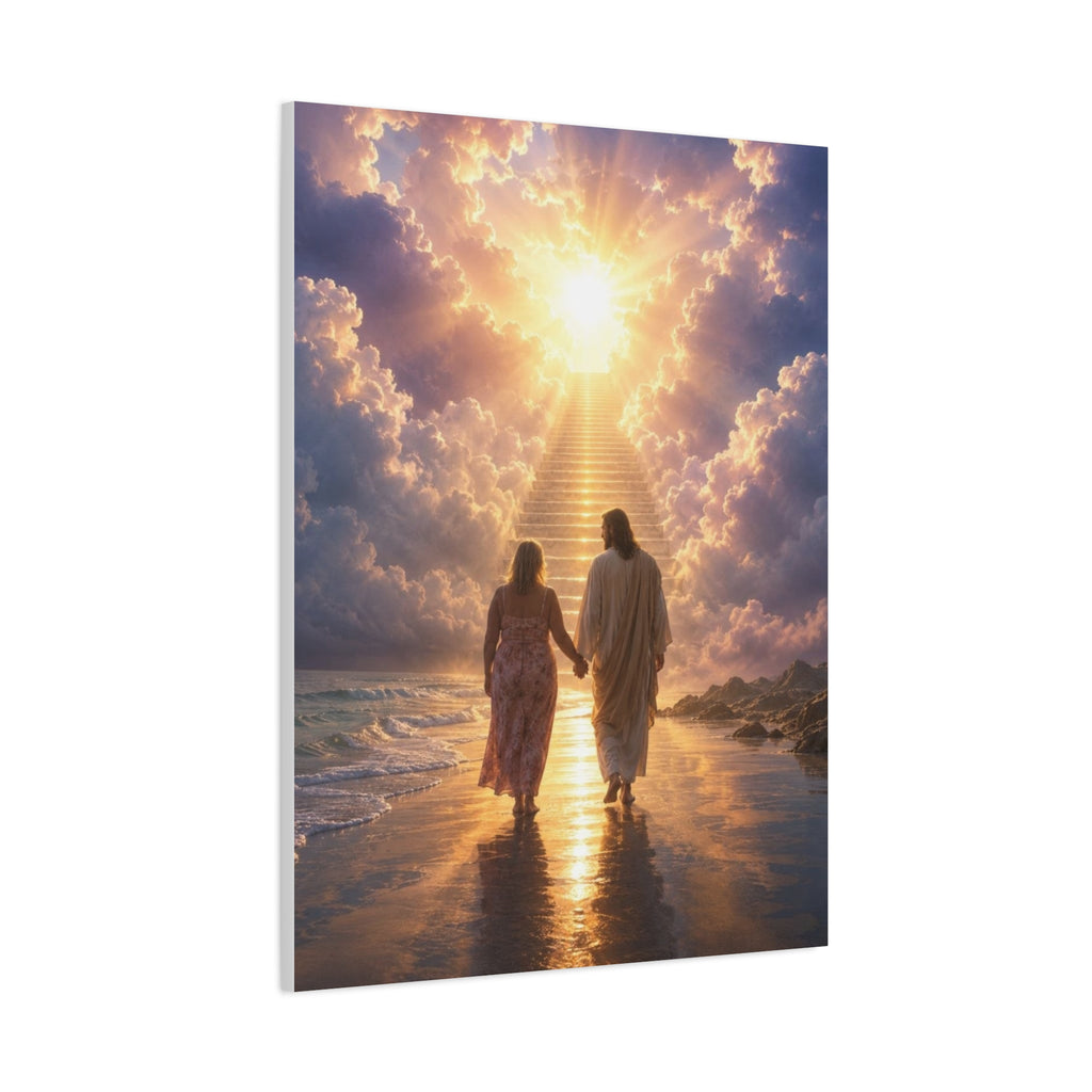 customChristina, Jesus Walking With Loved One Canvas Wall Art — Spiritual Sunrise Stairs to Heaven Matte Print