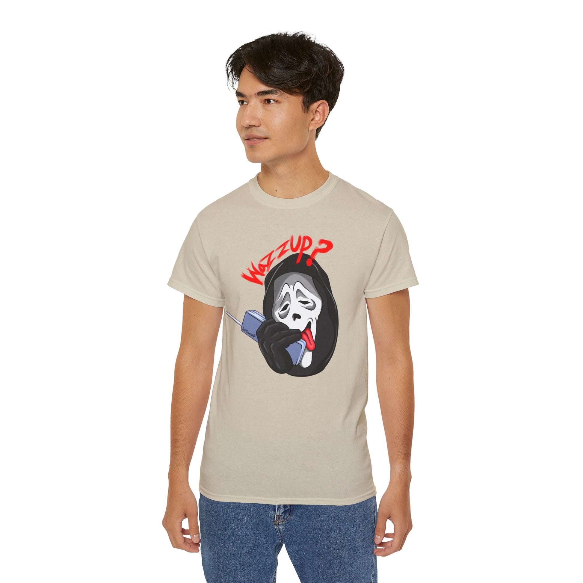 Ghostface Wazzup – Classic Meme Phone Call Tee, Unisex Cotton T-Shirt
