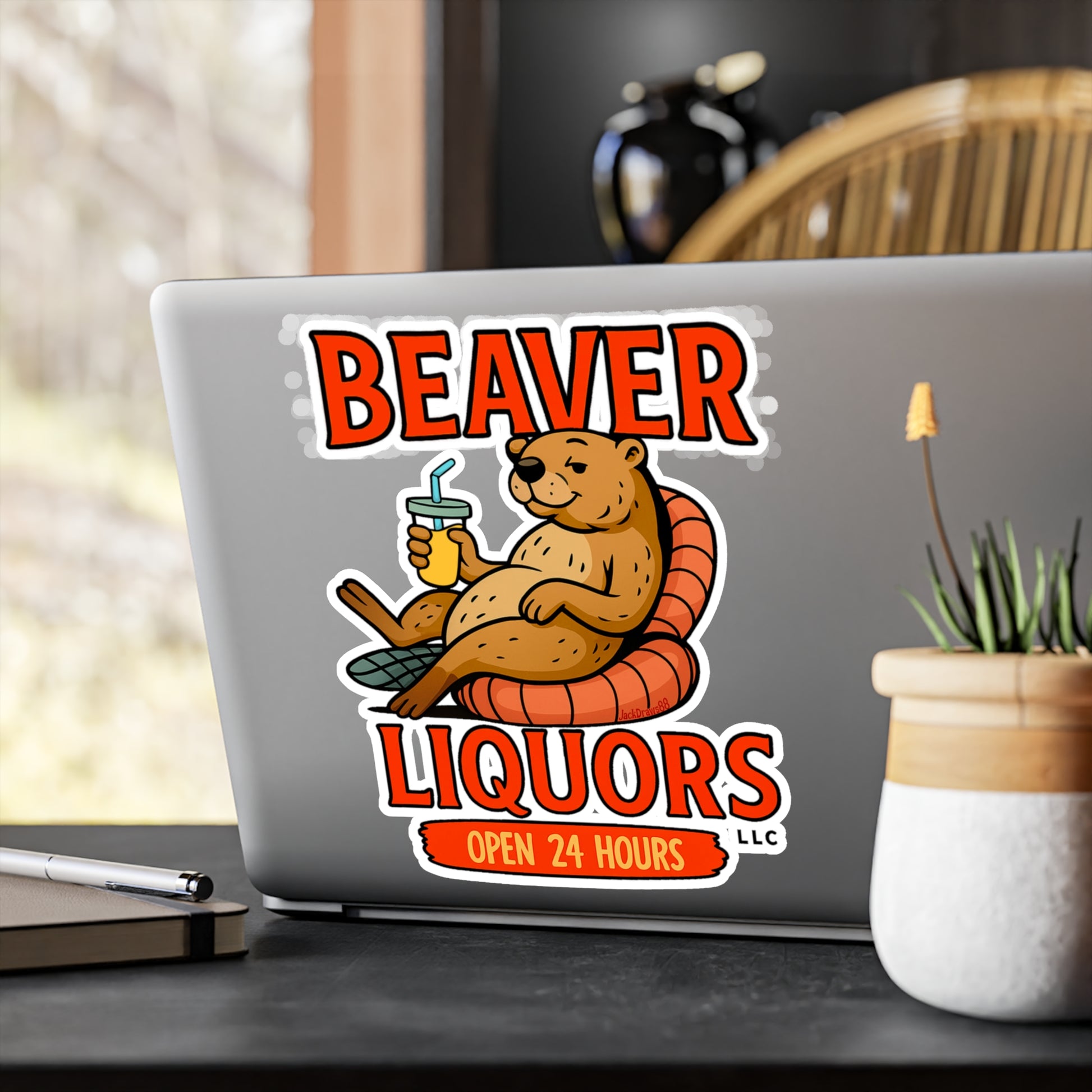 Fun Beaver Liquor Vinyl Decal | Cute Stickers for Home Bar, Window Decor, Drinking Parties, Gifts for Beer Lovers, Humor Decor
