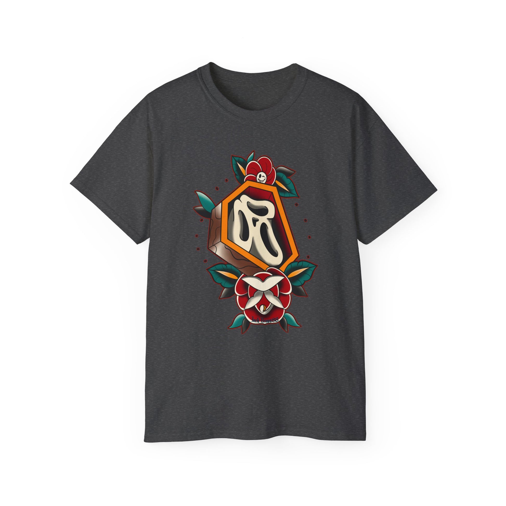 Rest in Roses – Ghostface Coffin Floral Tattoo Unisex Cotton