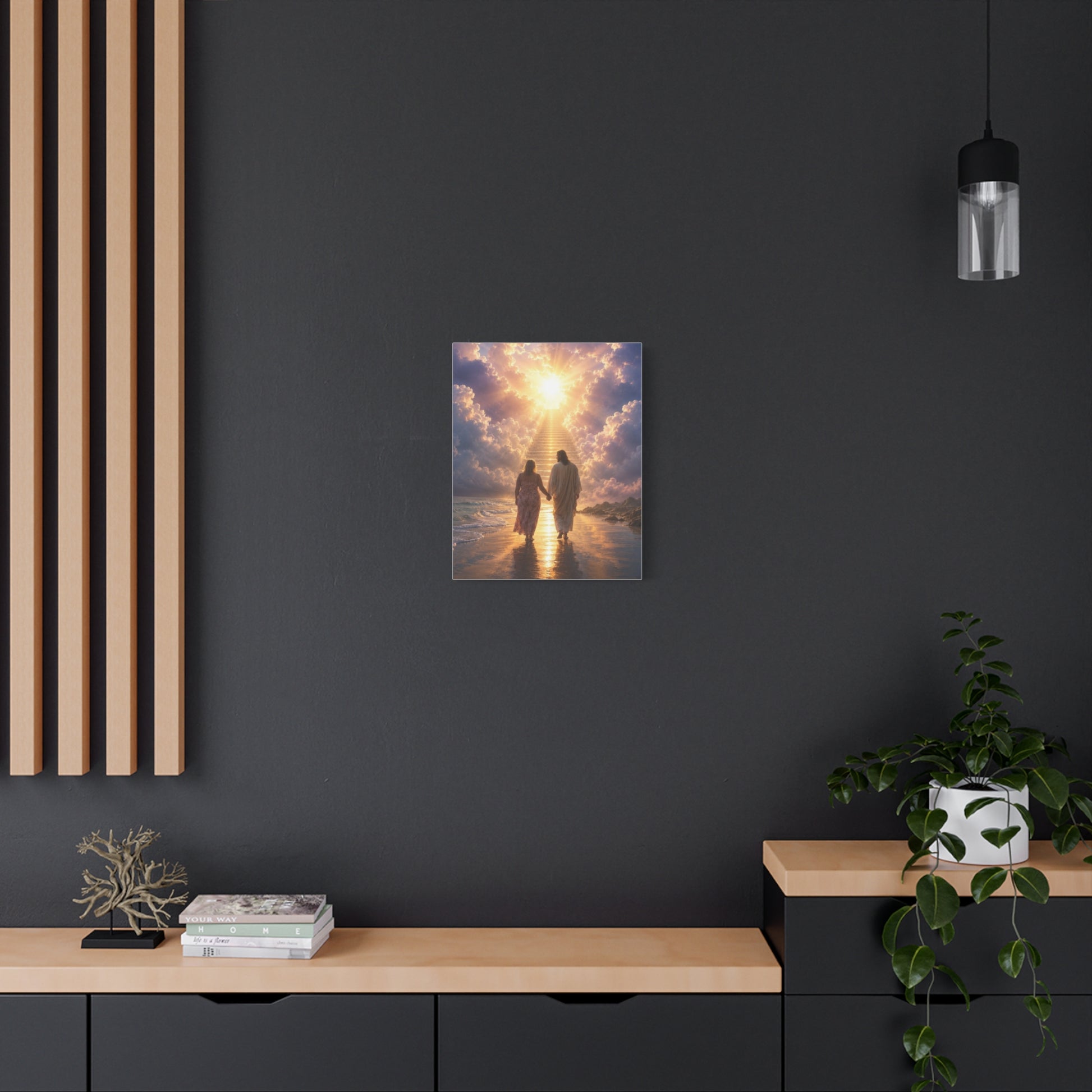 customChristina, Jesus Walking With Loved One Canvas Wall Art — Spiritual Sunrise Stairs to Heaven Matte Print