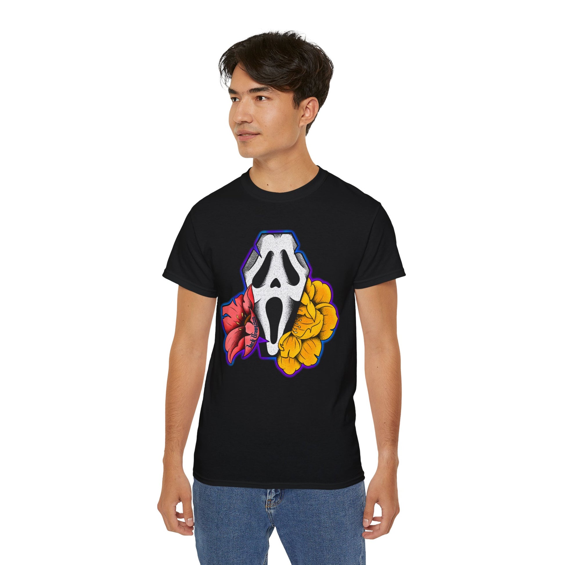 Ghostface Coffin & Flowers – Tattoo Style Horror Tee, Unisex T-Shirt