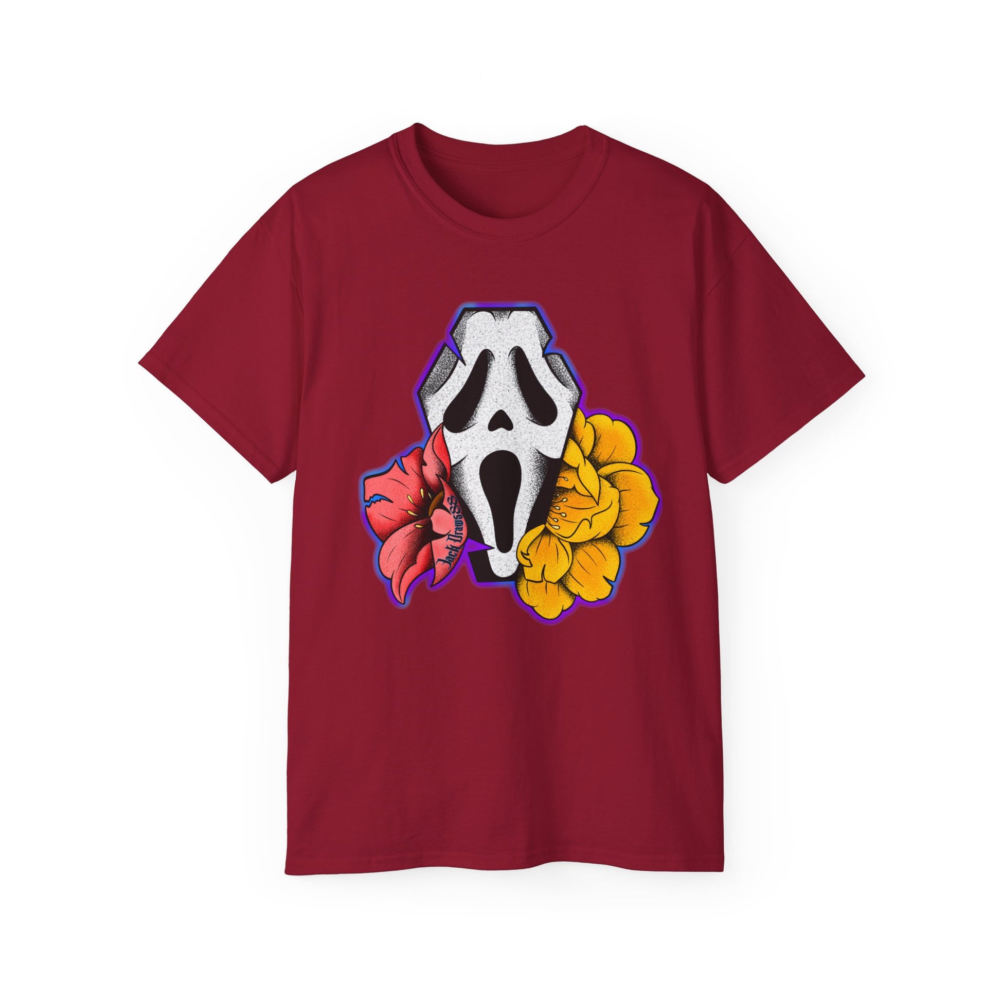 Ghostface Coffin & Flowers – Tattoo Style Horror Tee, Unisex T-Shirt