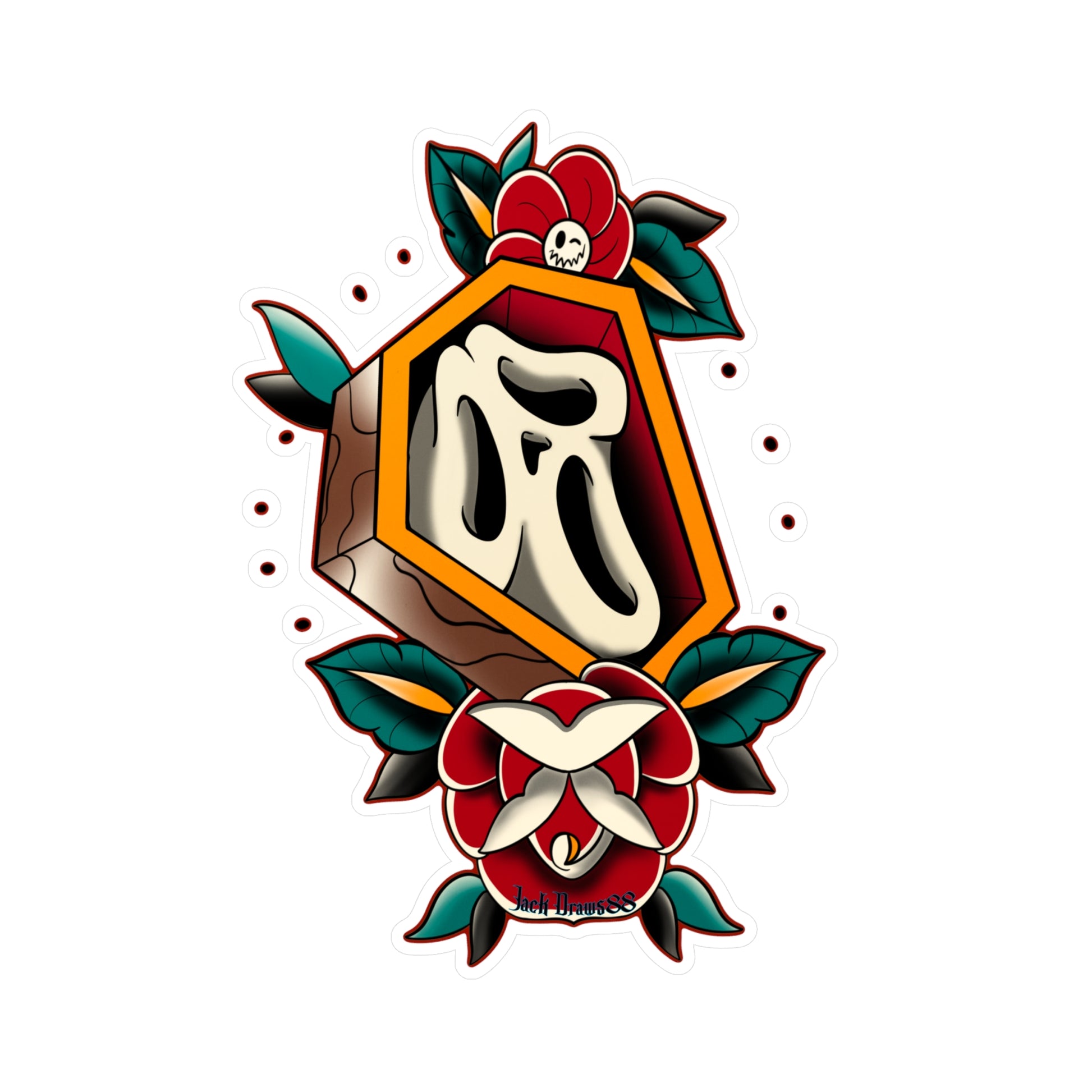 Rest in Roses – Ghostface Coffin Floral Tattoo, Kiss-Cut Vinyl Decals