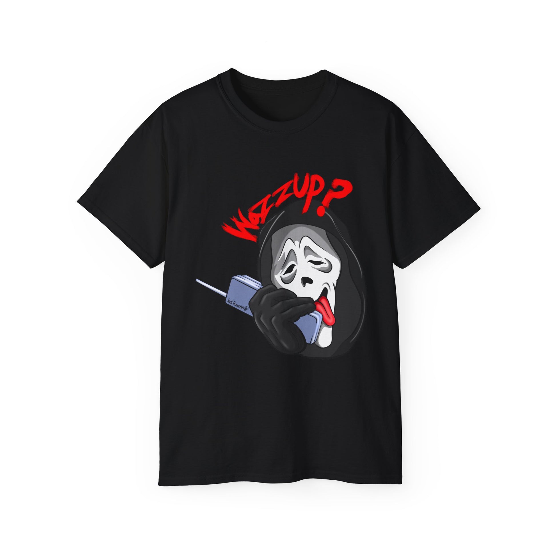 Ghostface Wazzup – Classic Meme Phone Call Tee, Unisex Cotton T-Shirt