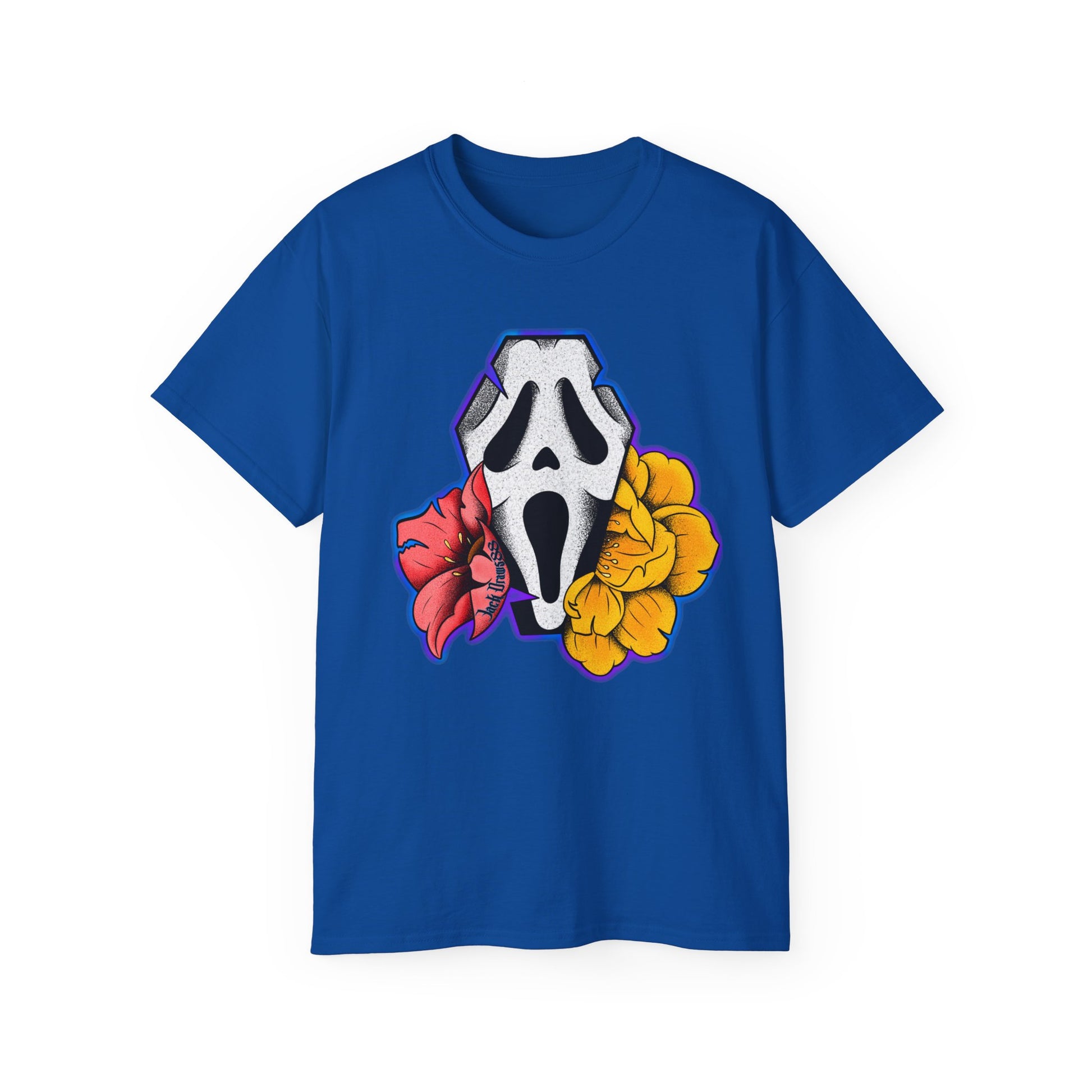 Ghostface Coffin & Flowers – Tattoo Style Horror Tee, Unisex T-Shirt