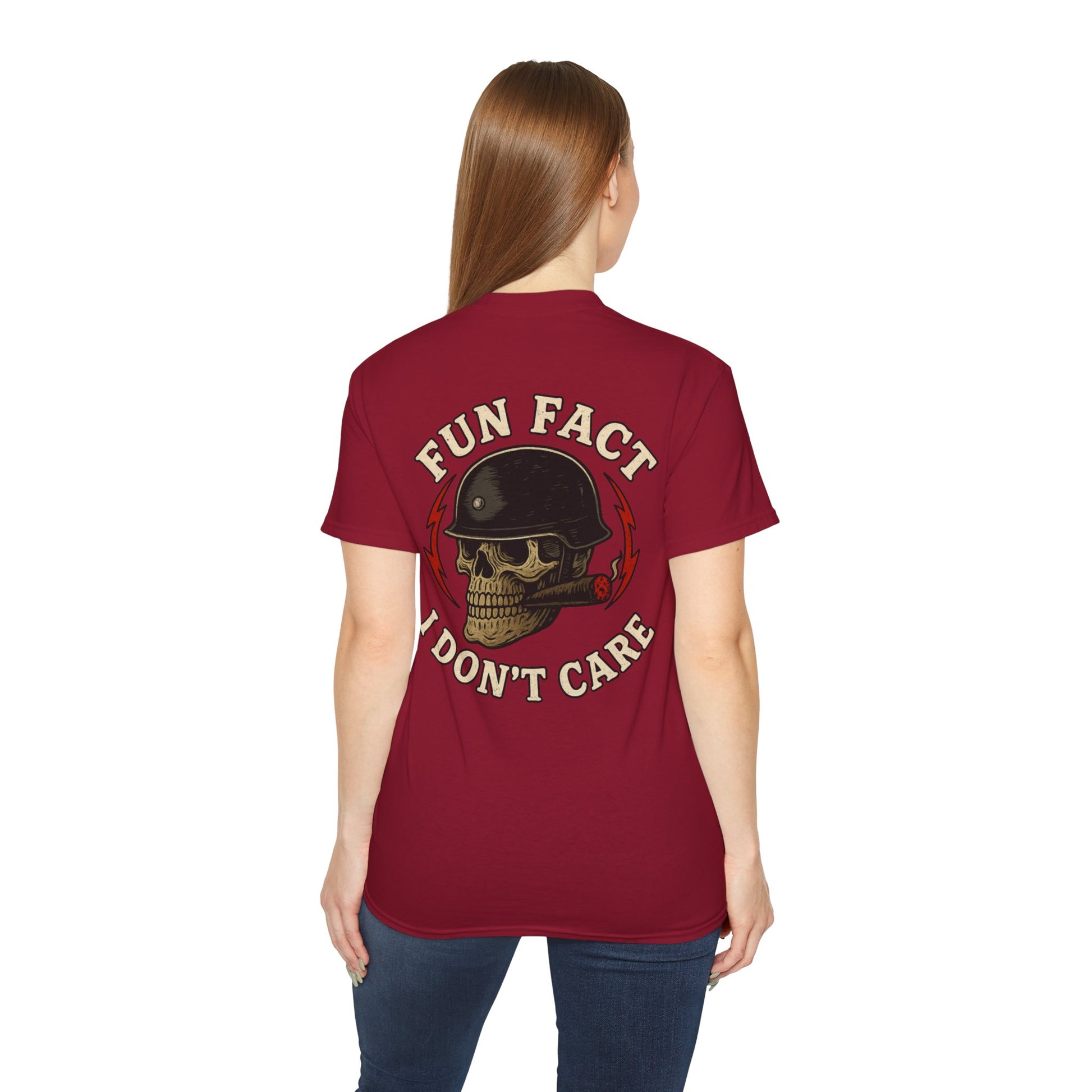 Fun Fact: I Don’t Care – Skull Helmet, Unisex Cotton T-Shirt